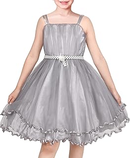 Sunny Fashion Flower Girls Dress Tulle Spaghetti Strap Pearl Belt Ruffle Hem Xmas Party Formal