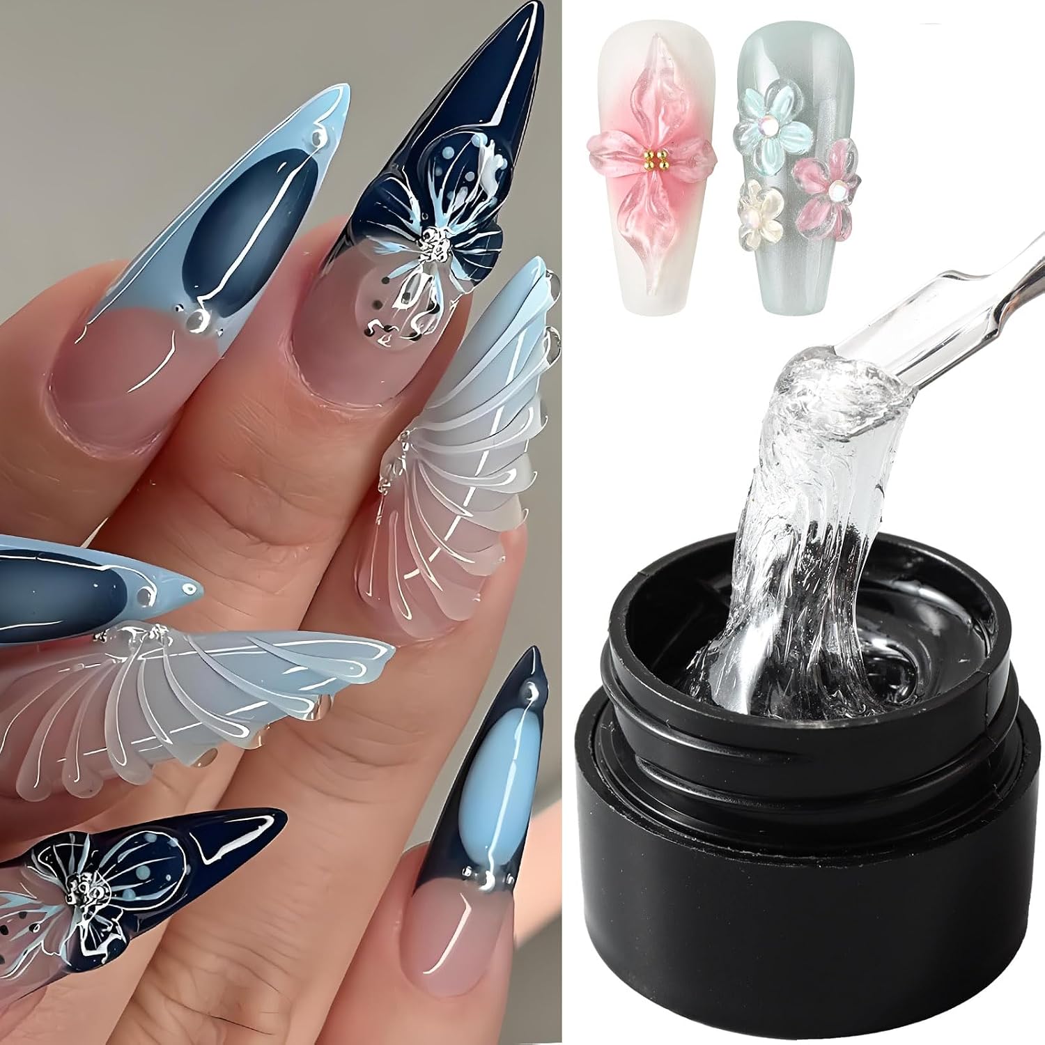 5ml Solid Builder Gel for Nails - 3D Sculpting Gel Kit with Silicone Pen, Chrome Nail Powder & Metal Beads Non-Sticky Carving Patterns 3D Flowers Design, Nail Art Extension (Salon & Home DIY)