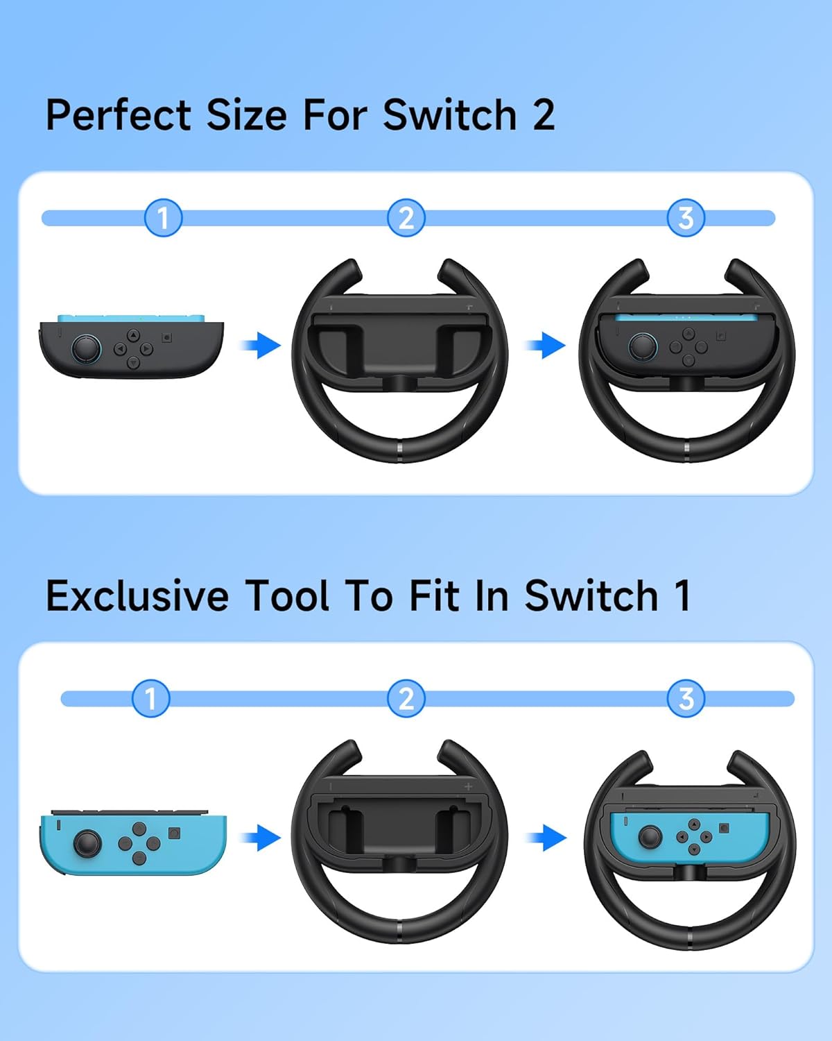 EasySMX Steering Wheels for Switch 2&1 Console JoyCons, 2 Pack Racing Wheels for Mario Kart 9/8 Deluxe, Switch 2 Steering Wheel for Joy-con 2,Joycon Remote Controller Race Accessories [2X Black] - Image 4