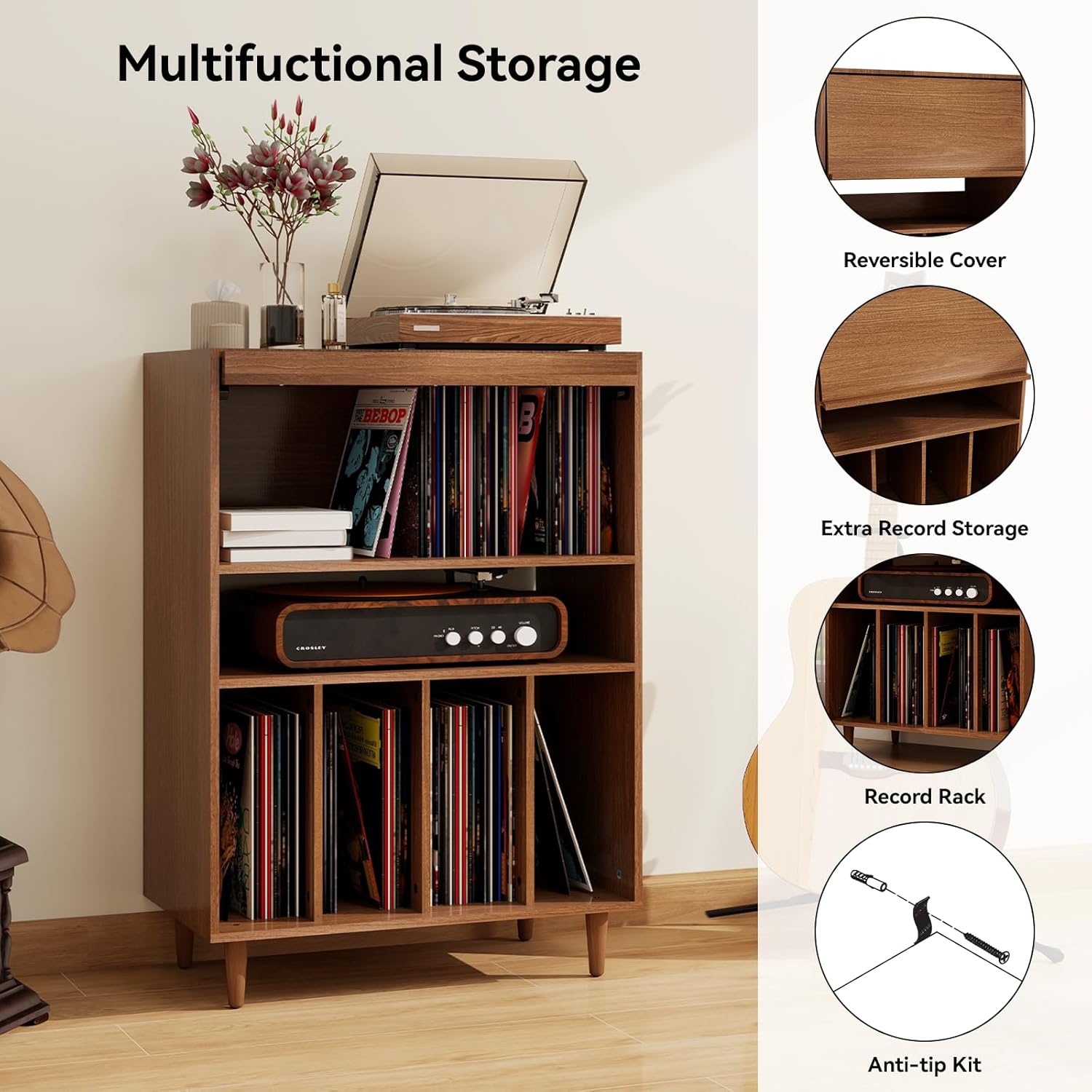 ELECWISH Media Storage Cabinet, Audio-Video Media Stand,Stereo Cabinet with 4 Height-Adjustable Shelves, AV Rack with Glass Doors for Meeting, Living, Recording Room