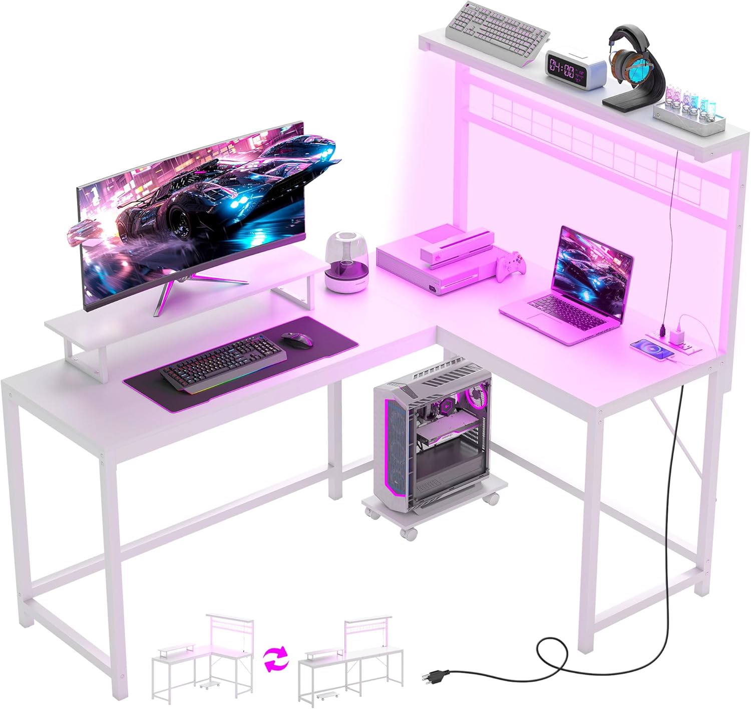 HOMCOM Gaming Desk, 62" L Shaped Desk with Power Outlets & LED Lights, 86" 2 Person Computer Table with Shelf & Rolling CPU Stand, Reversible Corner Office Table with Hutch, White