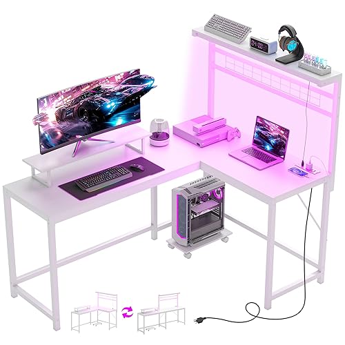 HOMCOM Gaming Desk, 62" L Shaped Desk with Power Outlets & LED Lights, 86" 2 Person Computer Table with Shelf & Rolling CPU Stand, Reversible Corner Office Table with Hutch, White - White - 62"