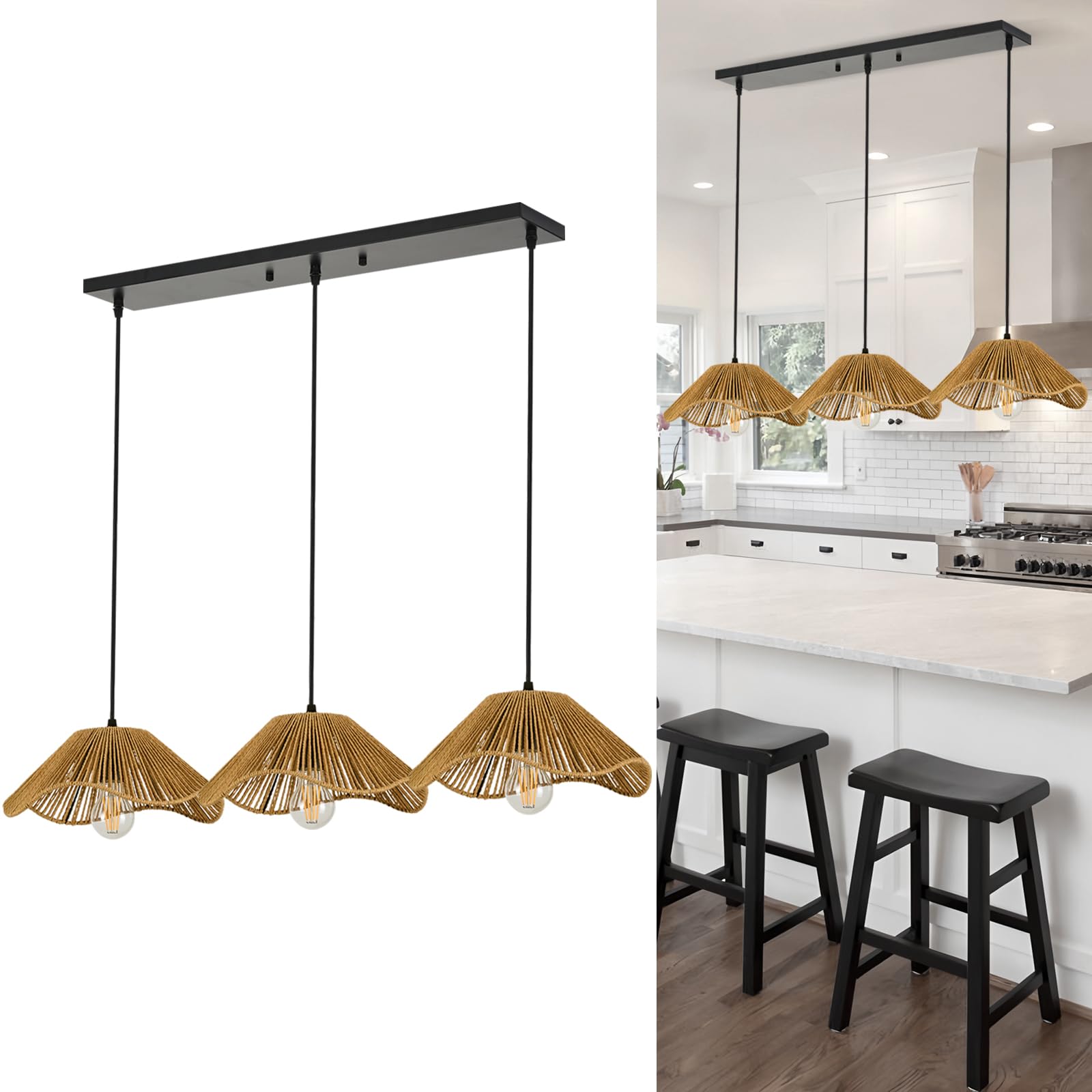 TERLEENART Bobo 3 Light Pendant Light, Hard Wired Hanging Chandelier with 12” Flower Paper Rope Rattern Shade,Suspended Lighting Fixture for for Kitchen Island Dining Bedroom Living Room Restaurants