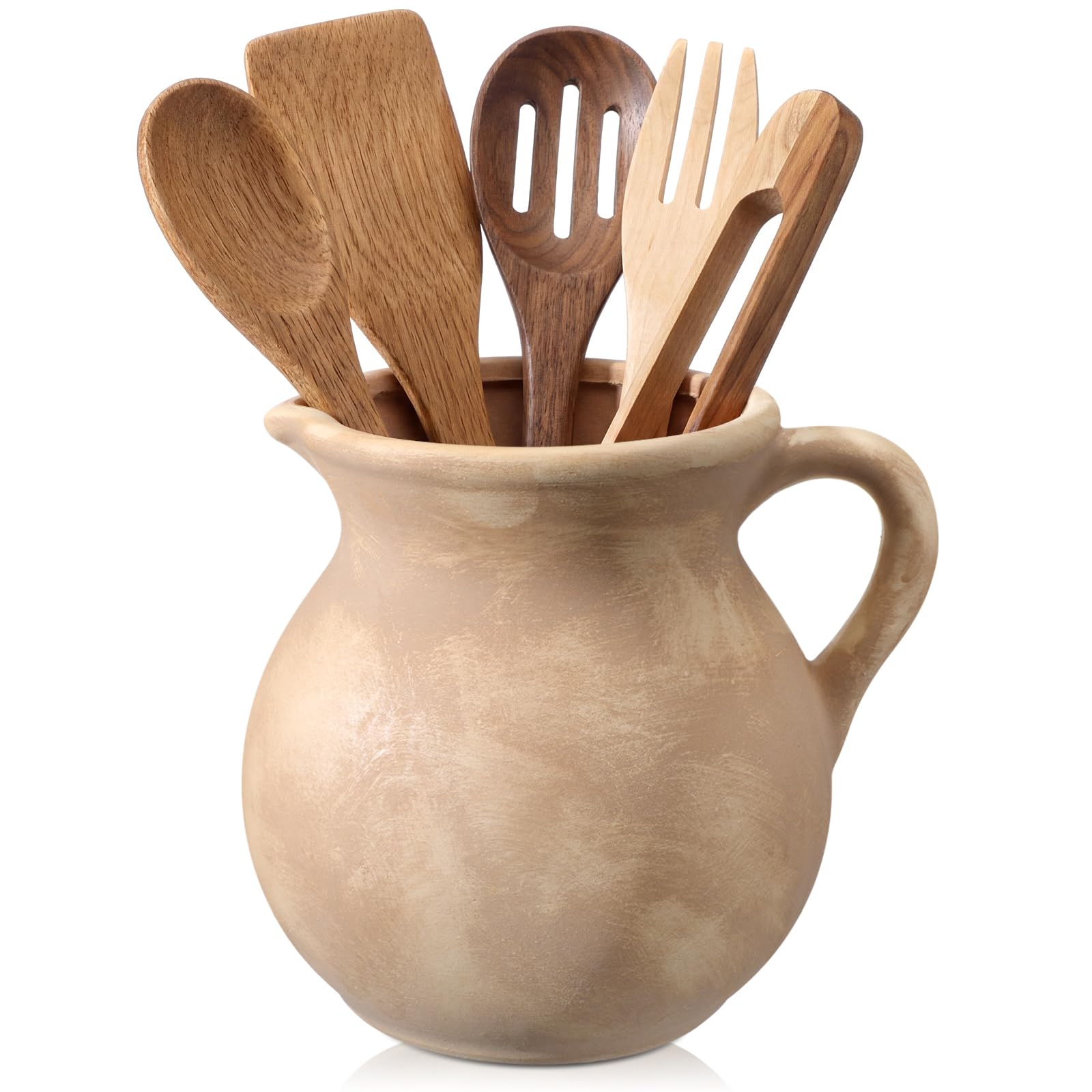 Photo 1 of Potchen Rustic Kitchen Utensil Holder with Handle,7.48" H Ceramic Vintage Utensil Crock for Countertop, Farmhouse Kitchen Decoration Ceramic Pot for Spatulas Spoons Tongs(Classic,Antique Beige)