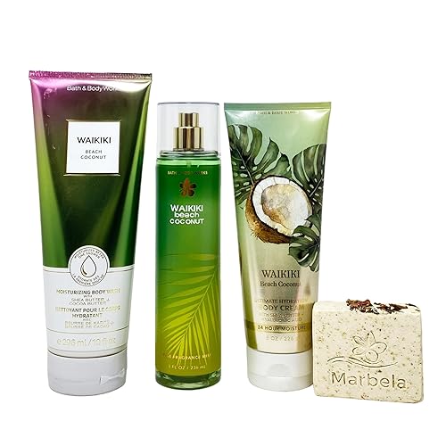 Bath & Body Works Waikiki Beach Coconut - Paquete de 3 piezas para uso diario, gel de baño hidratante, fragancia en niebla, crema corporal, con un