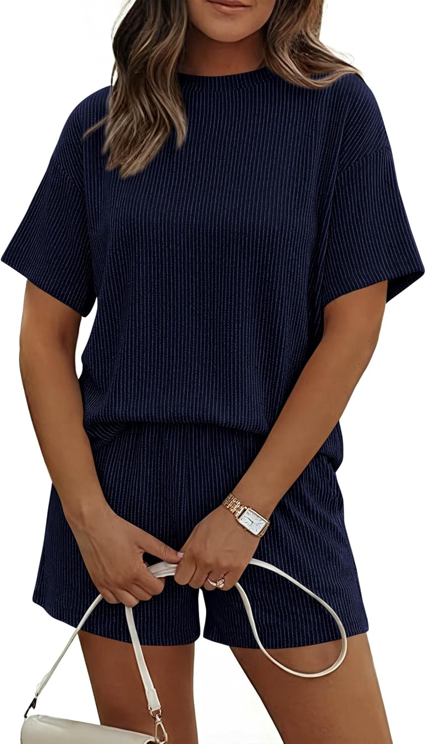 KIRUNDO 2 Piece Sets for Women Summer Shorts Lounge Set Matching Ribbed Knit Short Sleeve Top Airport Travel Vacation Outfits