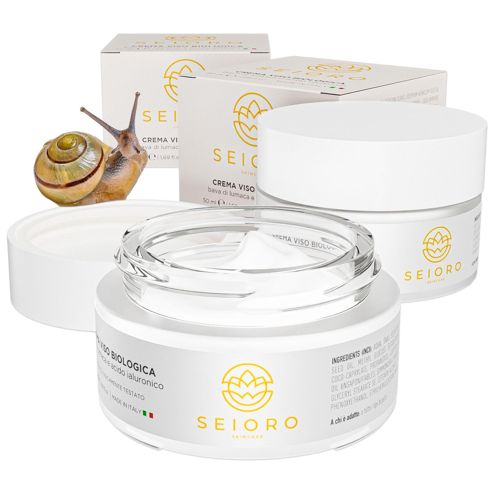 SEIORO Crema Viso Bava di Lumaca Biologica con Acido Ialuronico e Vitamina E. Antirughe Donna Idratante e Antimacchie per Pelle Mista, Secca o Grassa, 50 ml. Confezione da 2