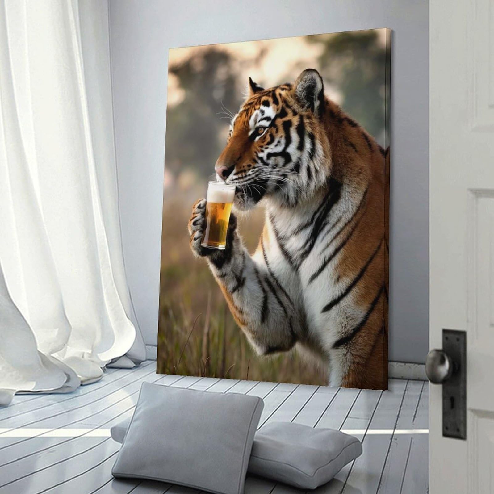 Junmoney Frame-Style-10 Tiger Sipping A Beer Wall Decor Canvas Print, 20X30inch(50X75cm), For Flats, Guest Rooms Or Compact Rooms, A Simple Refresh For Blank Walls