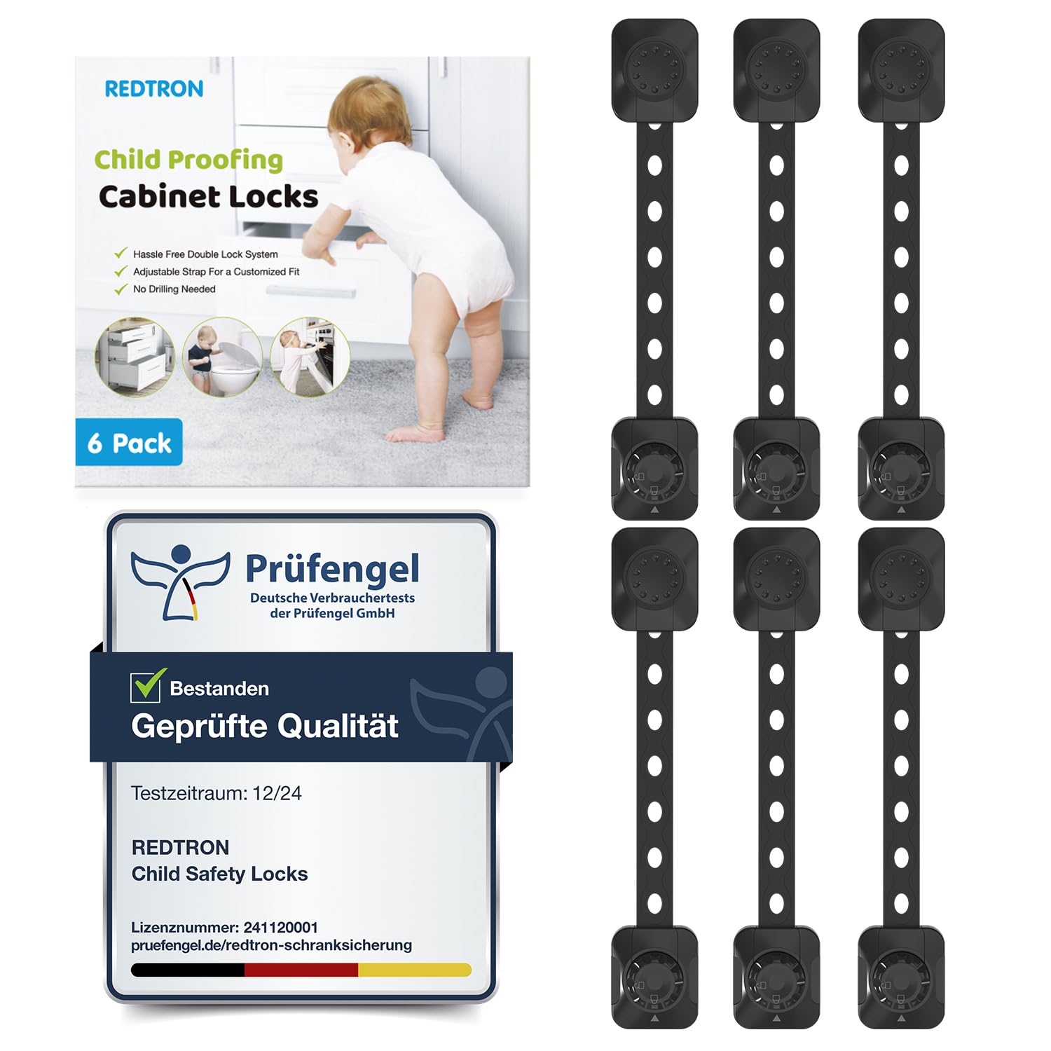 REDTRON Kindersicherung Schrank, 6er Pack Verstellbare Schranksicherung Baby, Baby Sicherung für Schubladen, Kühlschrank, Toilettensitz, mit Doppeltem Schlossdesign, Nein Bohren erforderlich, Schwarz