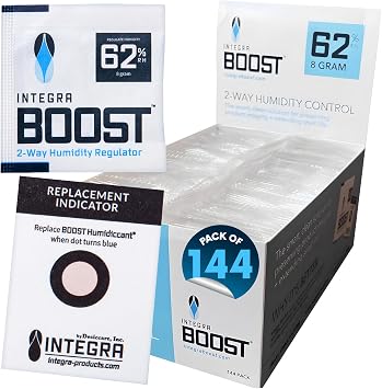 Integra Boost 62% RH, 2 Way Humidity Control Packs 8g Size for Storing 1 oz Pack of 144 Moisture Absorbers for Small Jars & Containers Humidifier Packets for Herbs, Spices in Retail Display Box
