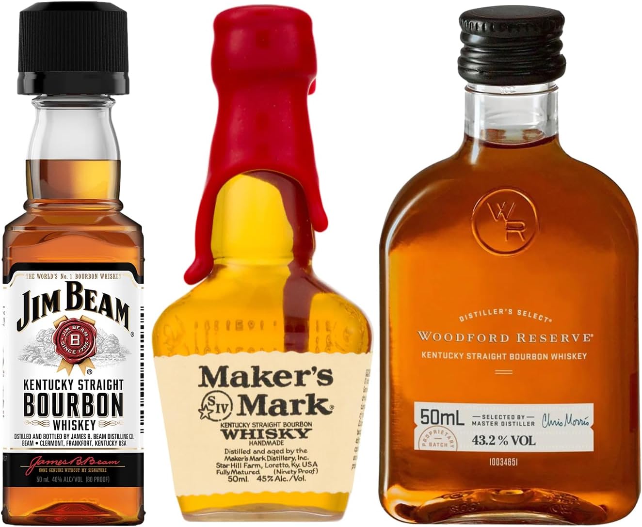 Bourbon Miniature Trio Discovery Gift Set | Jim Beam, Woodford Reserve & Maker’s Mark | Premium Whisky Gift 3 Miniature Bottles 5cl