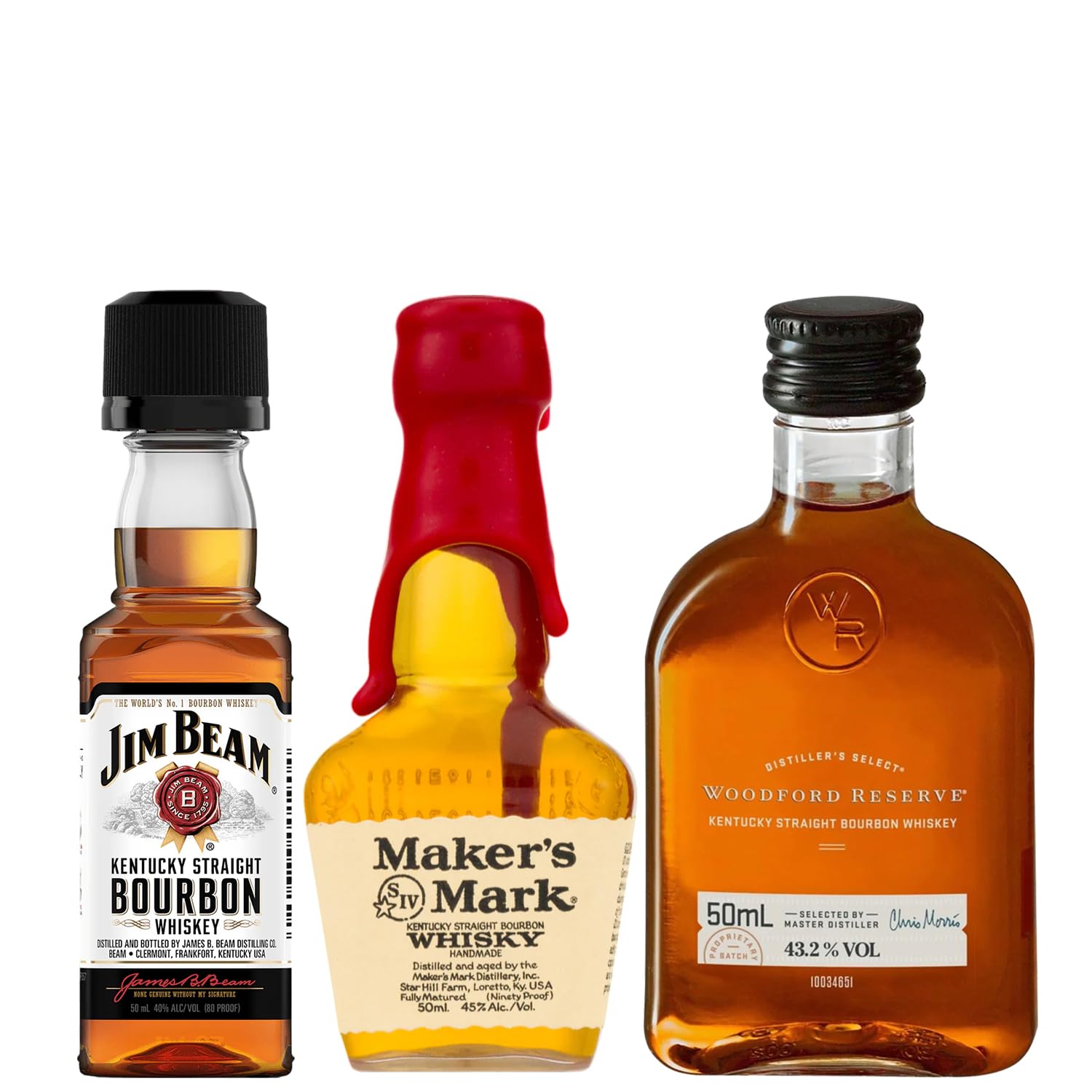 Bourbon Miniature Trio Discovery Gift Set | Jim Beam, Woodford Reserve & Maker’s Mark | Premium Whisky Gift 3 Miniature Bottles 5cl