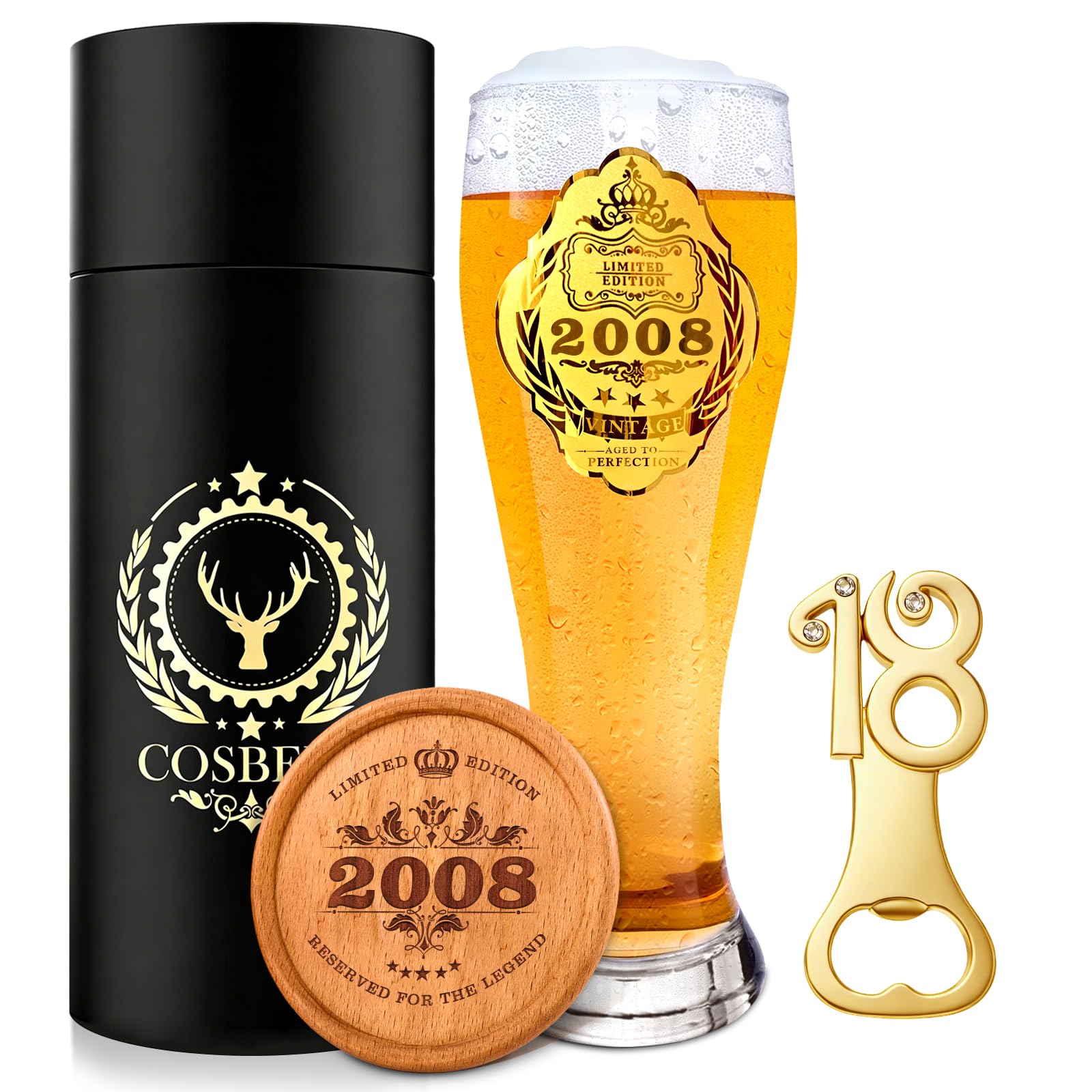 COSBERY 2008 18th Birthday Gifts for Boys Son, Personalised 18th Birthday Decoration Beer Gifts for Boys, 2008 Beer Glass 580ml, 18 Beer Bottle Opener, Wooden Coaster, Present for 18 Year Old Boy