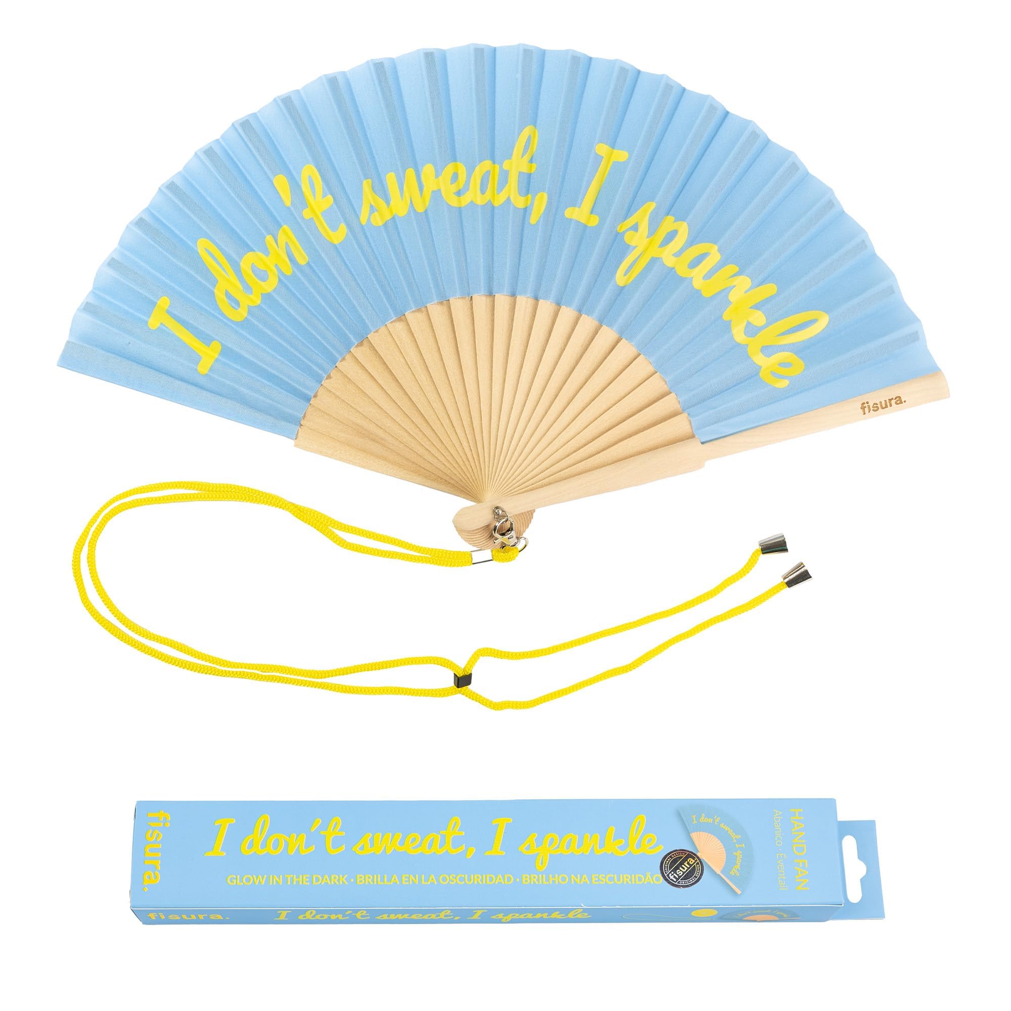 Fisura - Original Handheld Folding Fan with English Message, Valentine Gifts, Birthday & Wedding Party Decoration. Colourful Wooden Fan. Glowing Fan with Hanger Included.