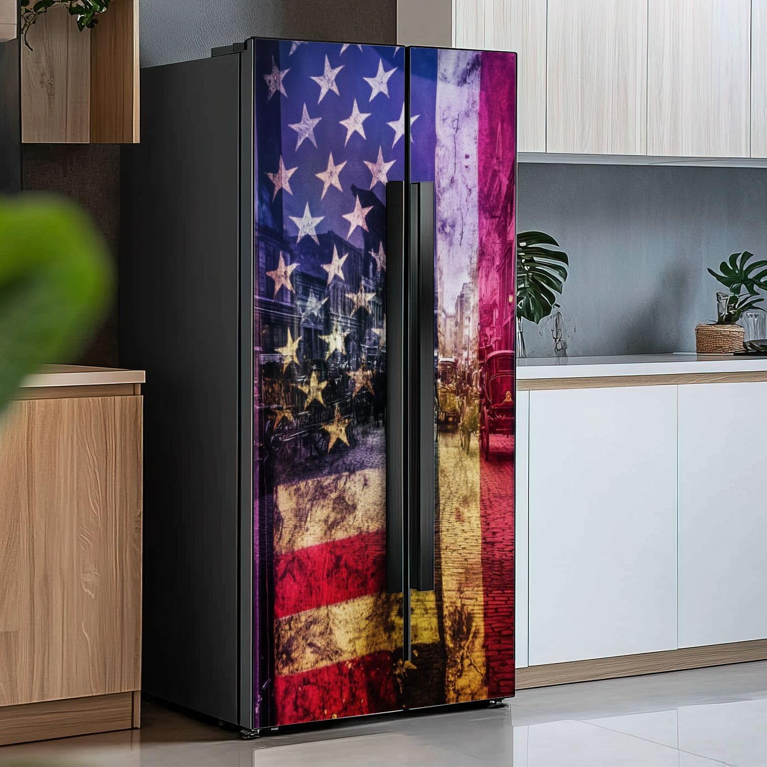 Self Adhesive Vinyl Refrigerator Wrap Set Historic 1800s American Flag Photo Antique Shop Window Display Self Stick Door Mural Sticker Removable Refrigerator Wrap Decal Kitchen Bar Decor
