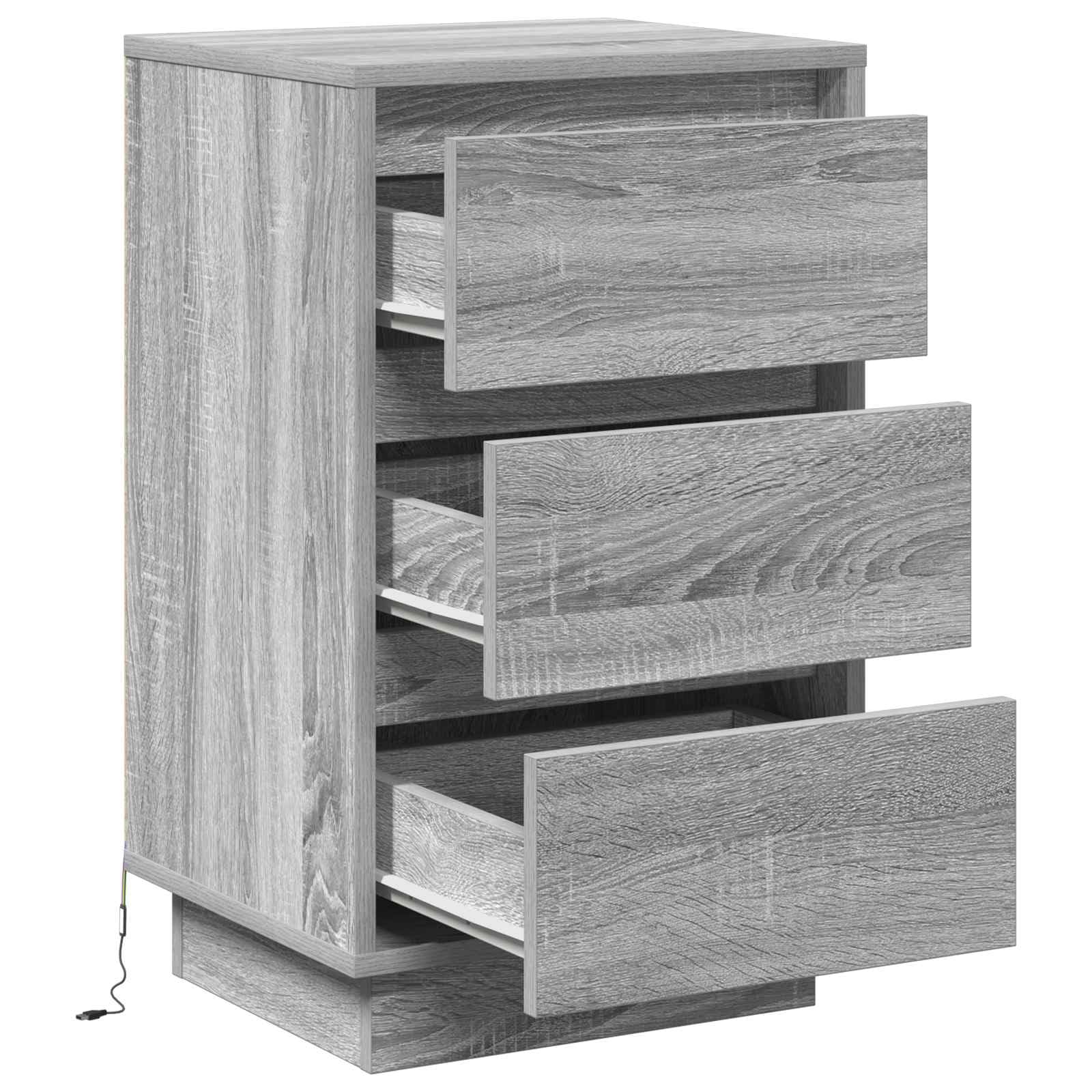 Moderner Nachttisch Grau aus Holzwerkstoff 39 x 34,5 x 65 cm mit 3 Schubladen, LED-Lichterketten, USB-Anschluss, Stauraum für Schlafzimmer, Nachtkonsole und Beistelltisch