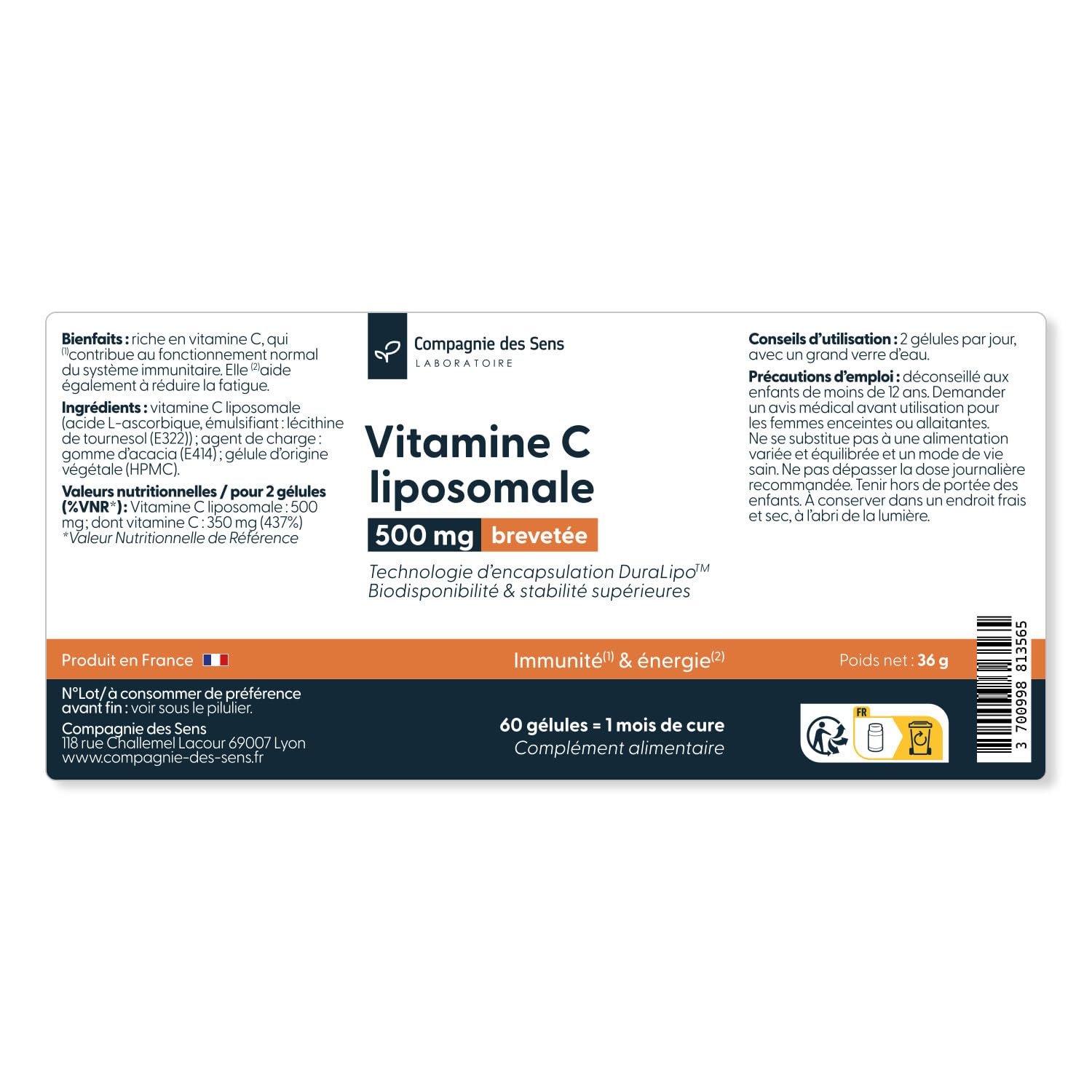 540 gélules - Vitamine C liposomale DuraLipo™ 500 mg - Biodisponibilité supérieure - Libération prolongée