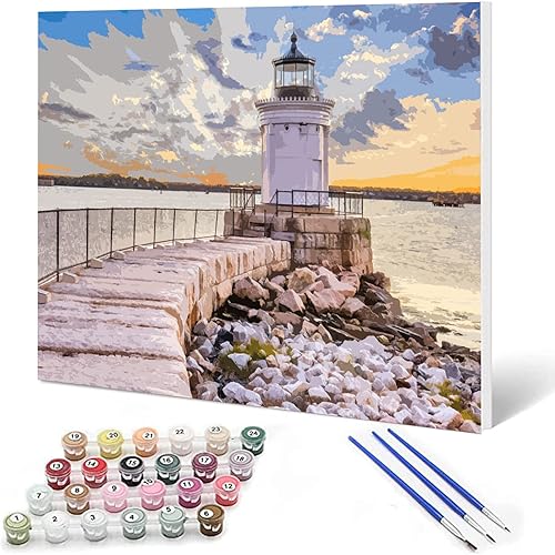 Kits de pintura de faro nativo americano por números con pinceles, pintura al óleo acrílica ligera Portland Breakwater para adultos y niños, arte de