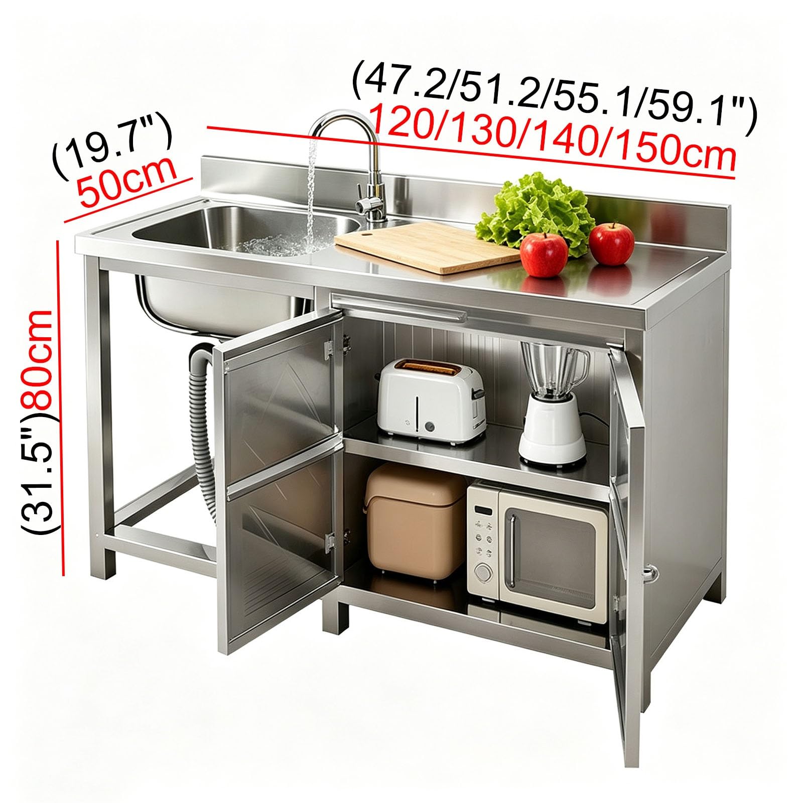 Gabinete de Fregadero de Acero Inoxidable con Encimera, Fregadero de Cocina