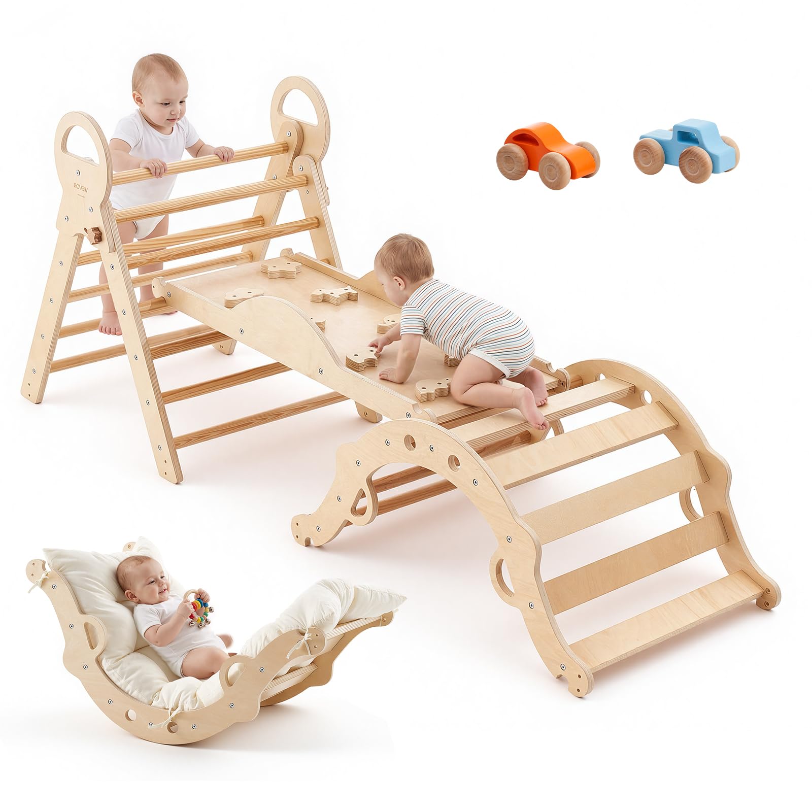 VEVOR Kletterdreieck, 9-in-1 Kletterspielzeug, mit Holzautos, Kissen, Kletterdreieck, Rutsche & Kletterbogen, bis 68 kg Belastbar, Montessori Indoor Spielset für Kinder im Alter von 1 bis 3 Jahren