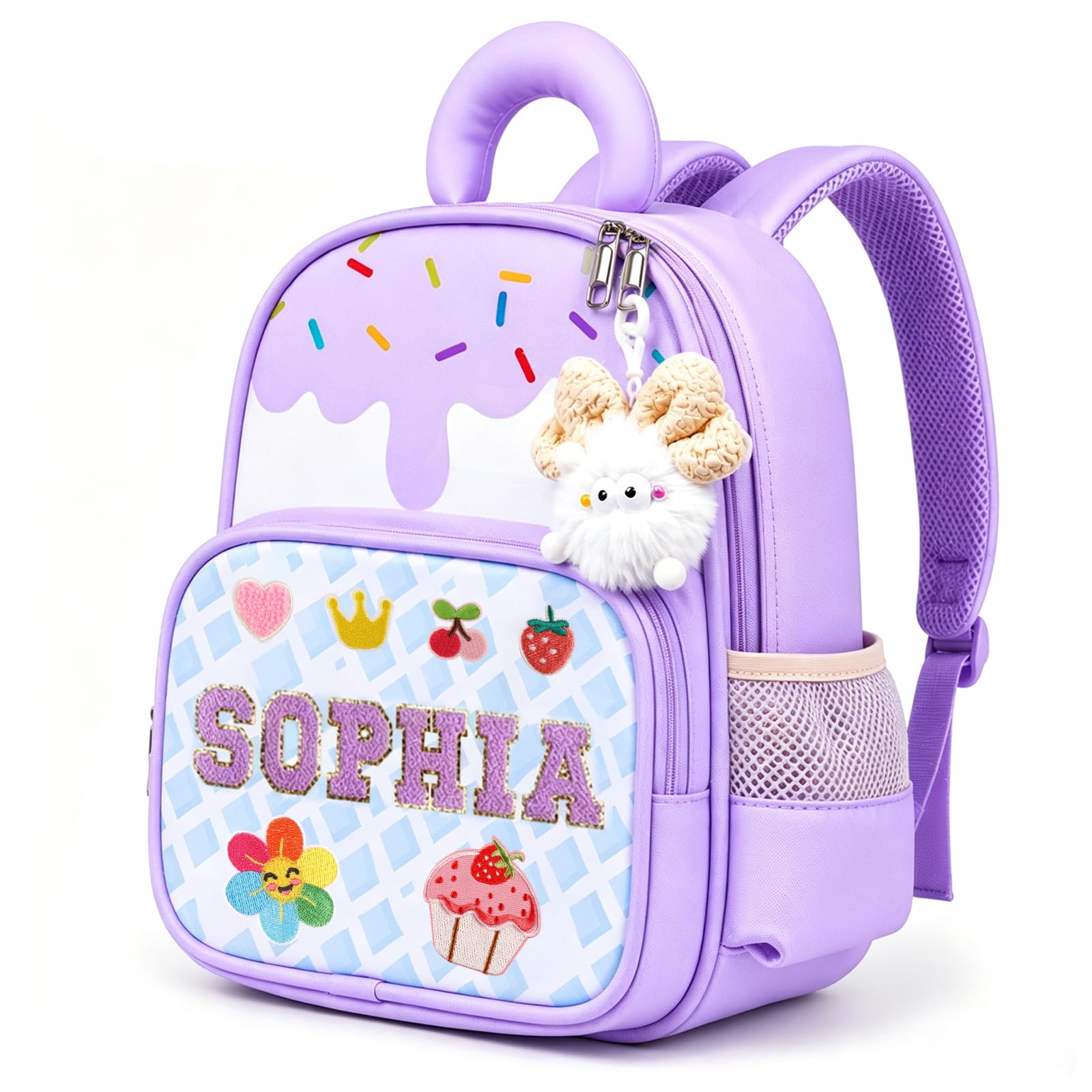 Personalized Preschool Kindergarten Backpack with Name& Fun Patches, Custom School Bookbag for Boys Girls Ages 3-6, Back to School Supplies, First Day of School Gift from Grandma Grandpa (Purple)