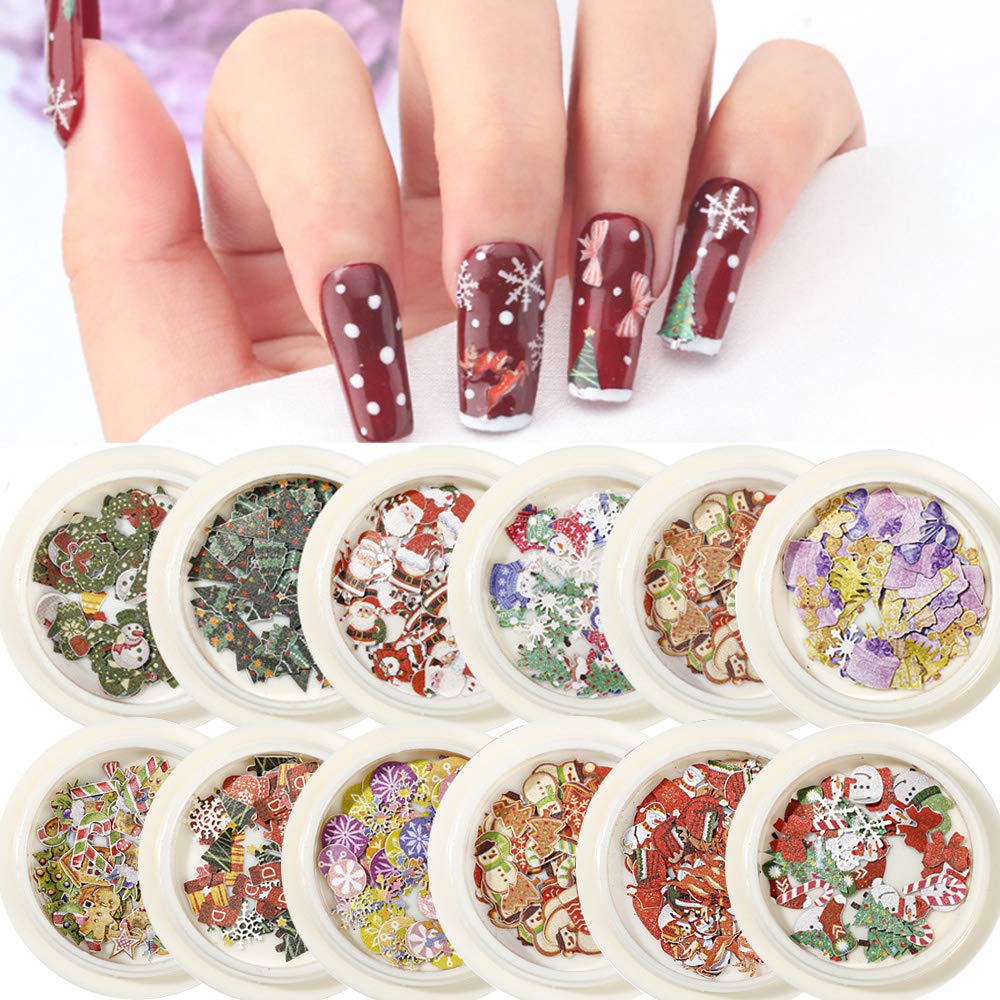 Kalolary 12 Boxes 3D Christmas Nail Art Sequin Stickers, Holographic Christmas Nail Art Sequin Acrylic Nail Stickers, Santa Snowflake Reindeer Manicure Glitter Sequin for DIY Nail Art Decoration