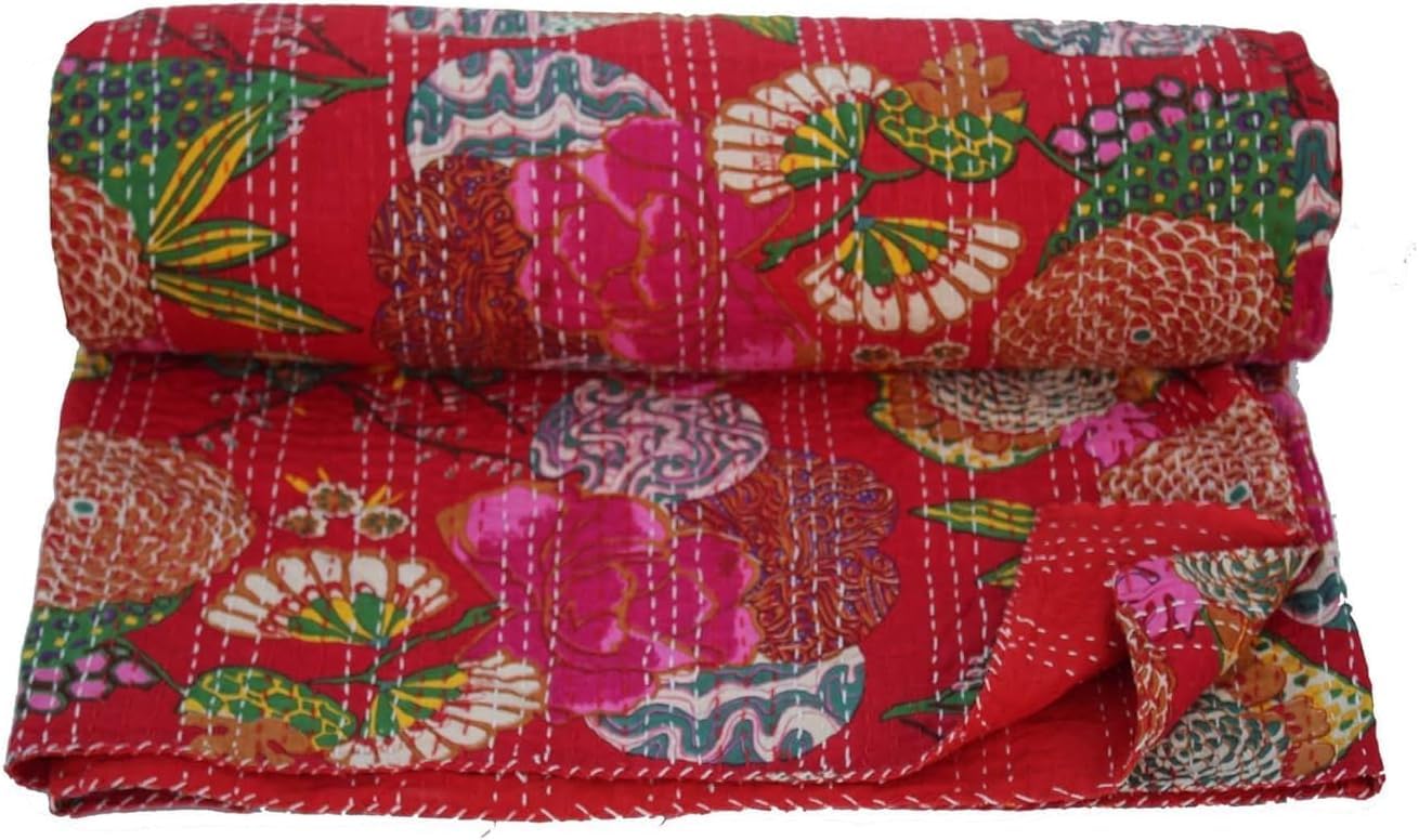 Couvre-lit coton Kantha Gudri fait main jeté de lit floral traditionnel rouge