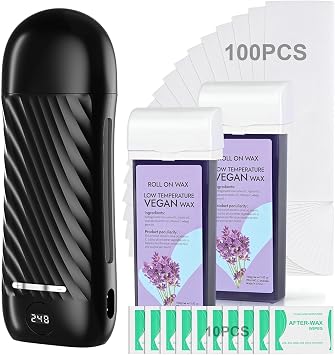 Roll On Wax Kit for Hair Removal, Wax Roller Kits with 2 Honey Soft Wax Cartridge & 100 Non-Woven Wax Strips, Safe, Effective, Roll On Hair Removal Kit, Portable Wax Heater