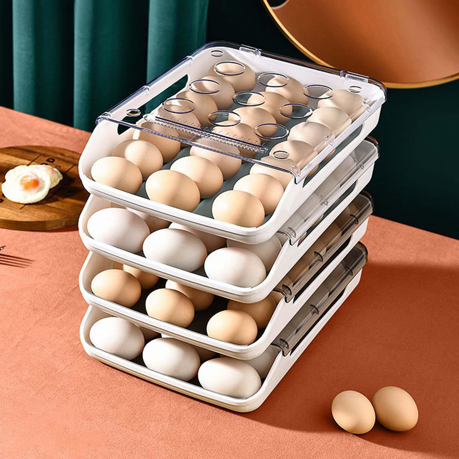 Soporte para huevos para refrigerador, contenedor de almacenamiento con ruedas automáticas, tapa transparente, cajón, bandeja de huevos, organizador de nevera, hogar