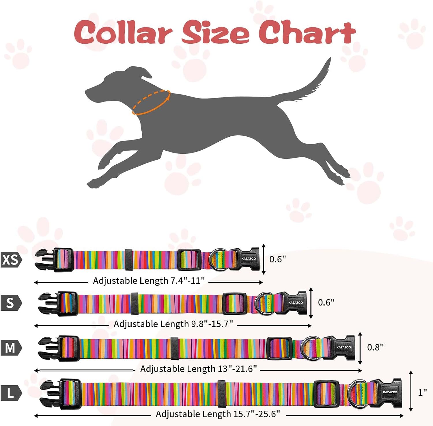 Kazazoo Dog Collar Cute and Soft Nylon Puppy Collar for Boy and Girl Dogs, Adjustable Dog Collars for Medium Dogs, Rainbow-M