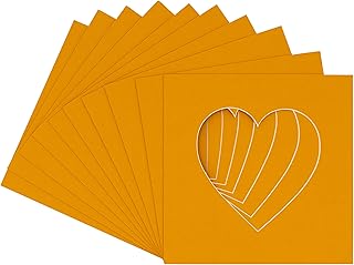13x13 Mat Bevel Cut for 9x9 Photos - Precut Golden Orange Heart Shaped Photo Mat Board Opening - Acid Free Matte to Protect Your Pictures - Bevel Cut for Family Photos, Pack of 25 Matboards Show Kits