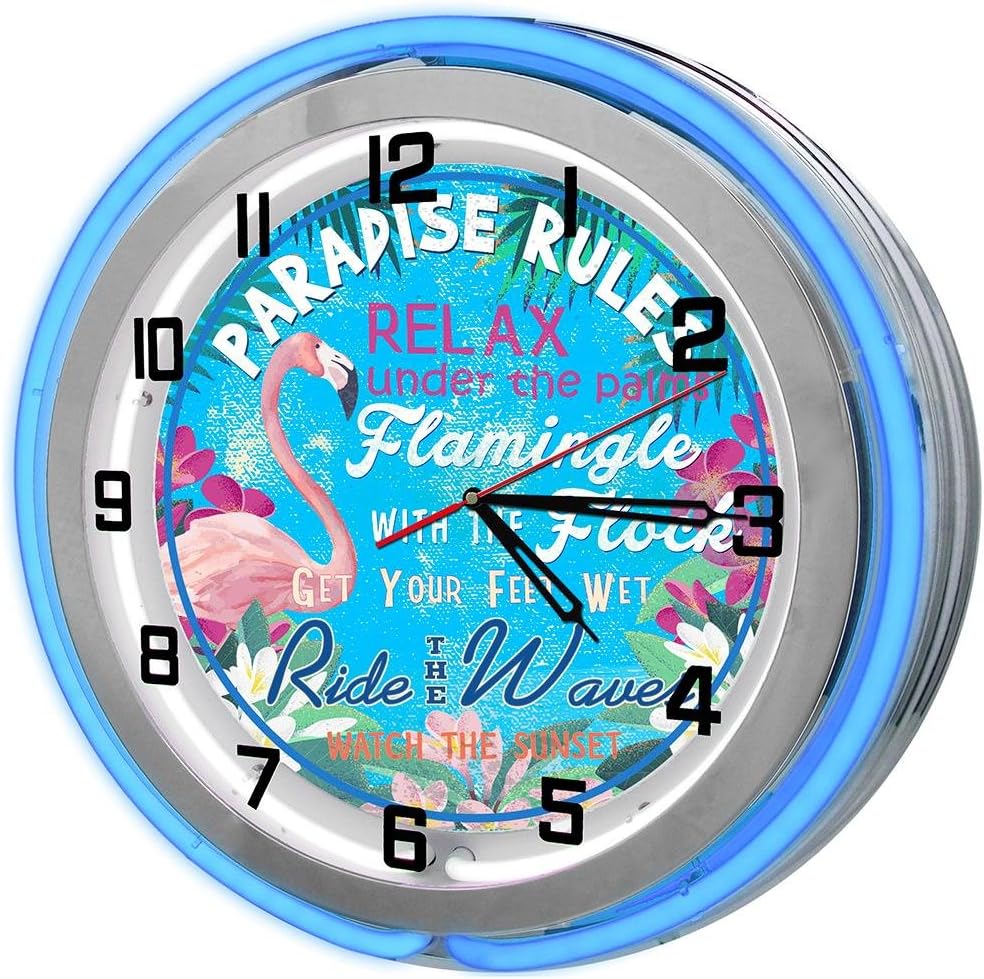 Flamingo Paradise Themed 18" Blue Double Neon Garage Clock, Tropical Paradise Flamingo Clock