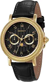 Relógio de pulso masculino dourado com fases da lua, multifunções, analógico, quartzo, marcadores clássicos de numerais romanos, com caixa de aço inoxidável e calendário de data e dia