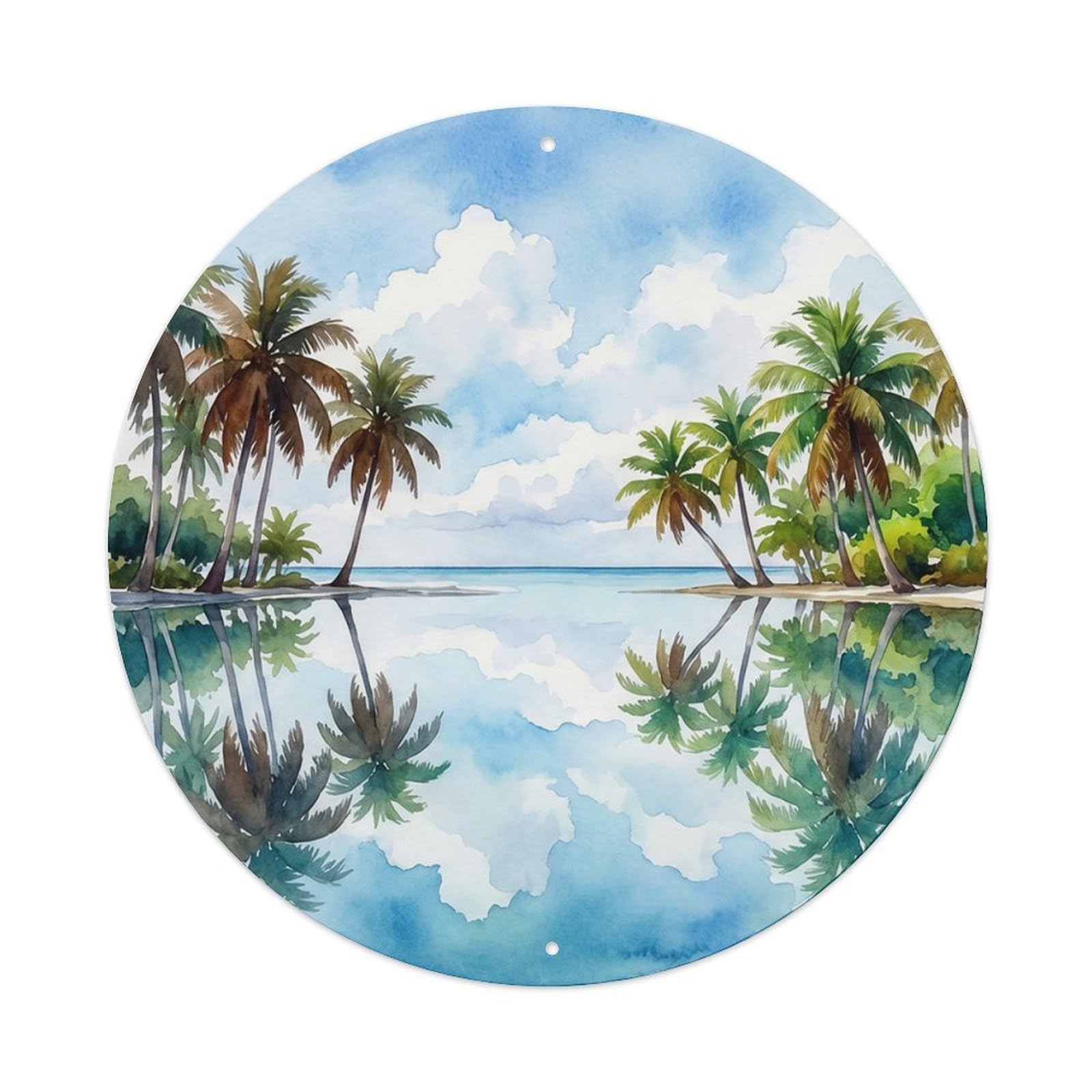Olyhtr 8X8inch Classic Style Borabora Coconut Tree Reflection Watercolor Travel Metal Tin Sign