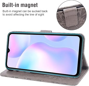 Phone Case for Xiaomi Redmi 9A Redme 9i Wallet Cases with Tempered Glass Screen Protector and Leather Slim Flip Cover Card Holder Stand Cell Xiami Xiomis Xiome Redmi9A A9 Redmi9i i9 Women Men Gray