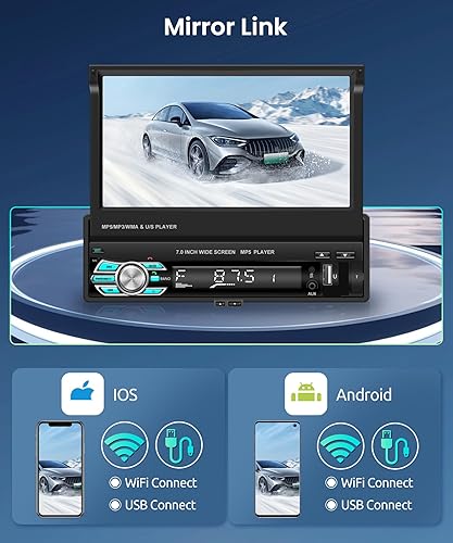 Miniatura 2 de Rimoody - Radio estéreo para automóvil con pantalla táctil DIN individual con Bluetooth, pantalla abatible eléctrica de 7 pulgadas, enlace de