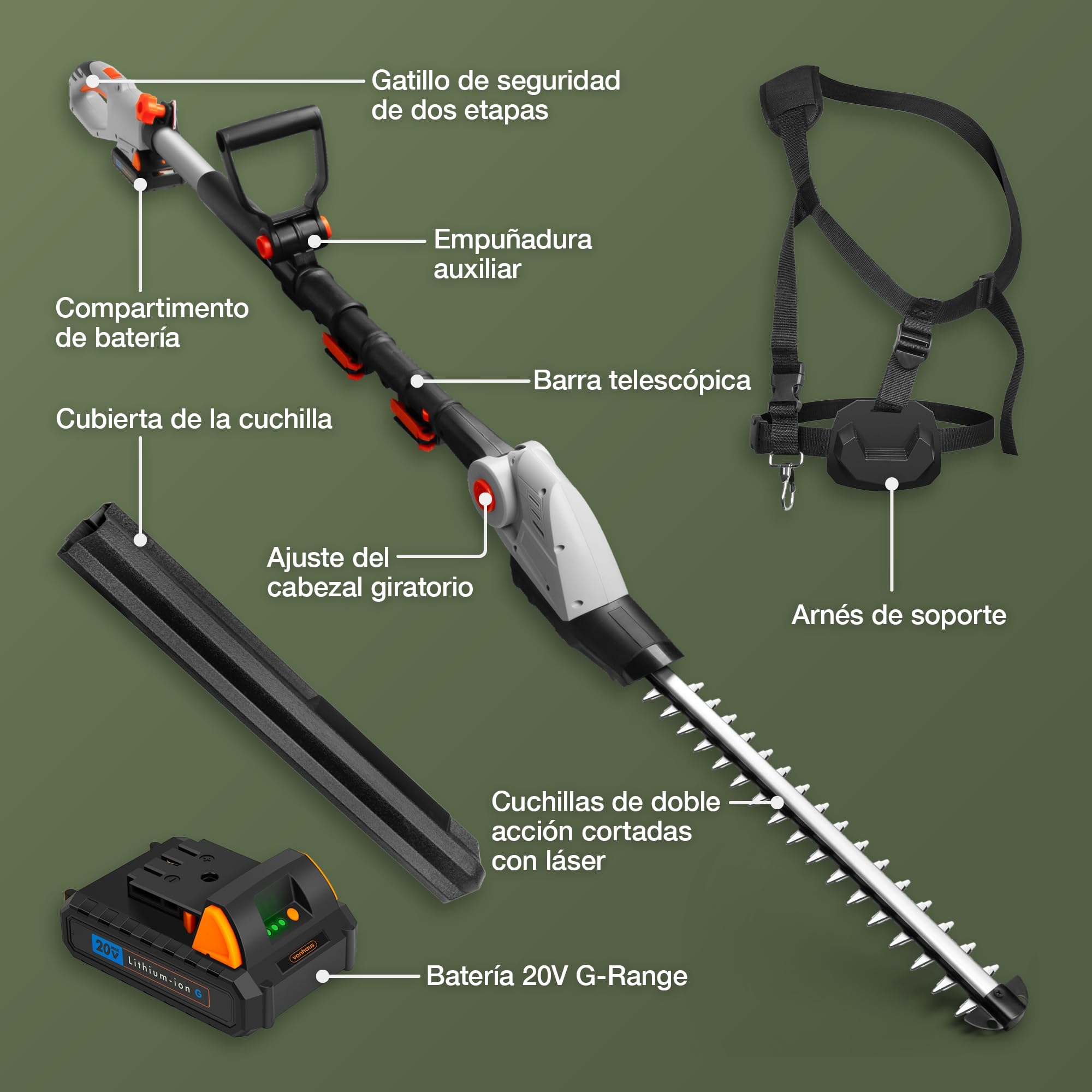 VonHaus Cortasetos de Pértiga Sin Cable – Cortasetos Telescópico Extensible de Largo Alcance – Batería de 20V, Cargador, Correa de Hombro, Cabezal Ajustable 135°, Cuchillas de Doble Acción (Gris)