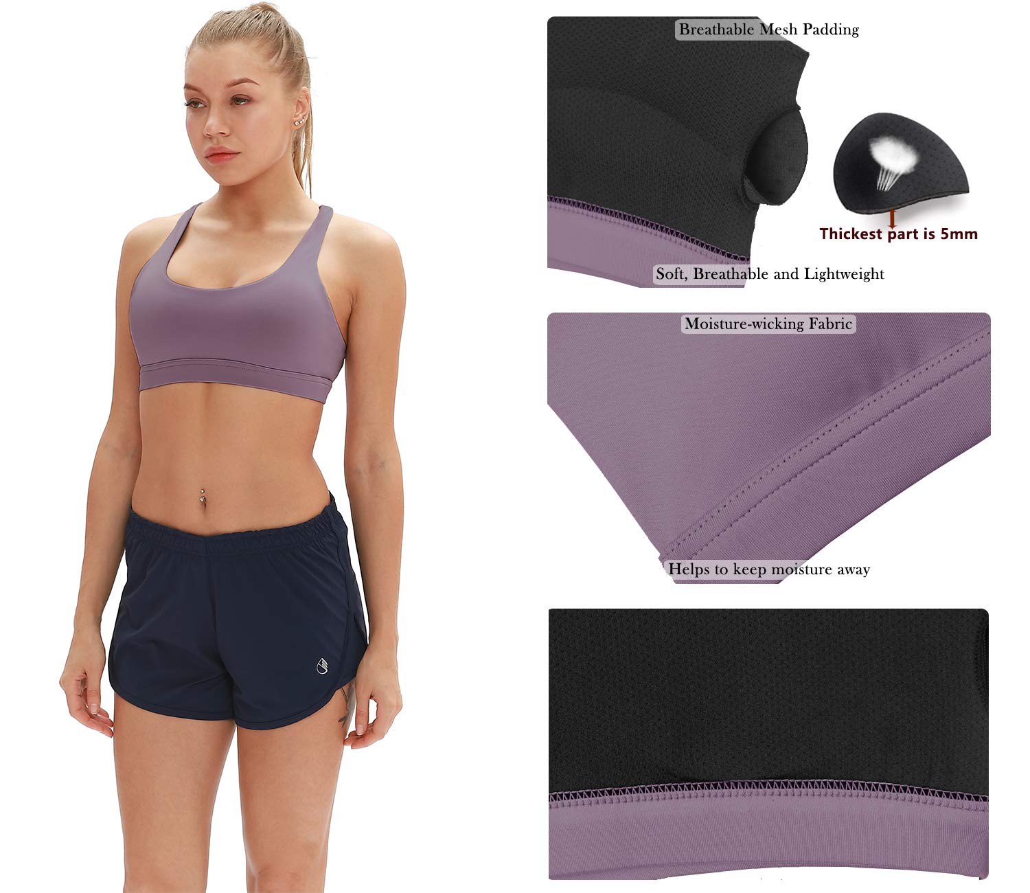 icyzone Reggiseno Sportivo Donna Imbottito Senza Ferretto Disegno della Linea Top Sportivo Donna Fitness Yoga Jogging Gym (XL,Malva)