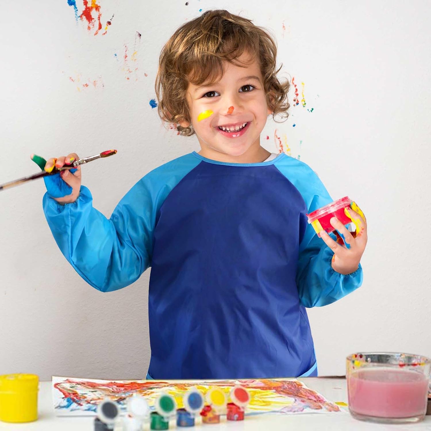 Kids Toddlers Art Smock 2 Pack, Waterproof Child Painting Apron with Long Sleeve & Pockets, Children Artist Smock for Kids Age 2-8 Painting, Crafting, Cooking image 2