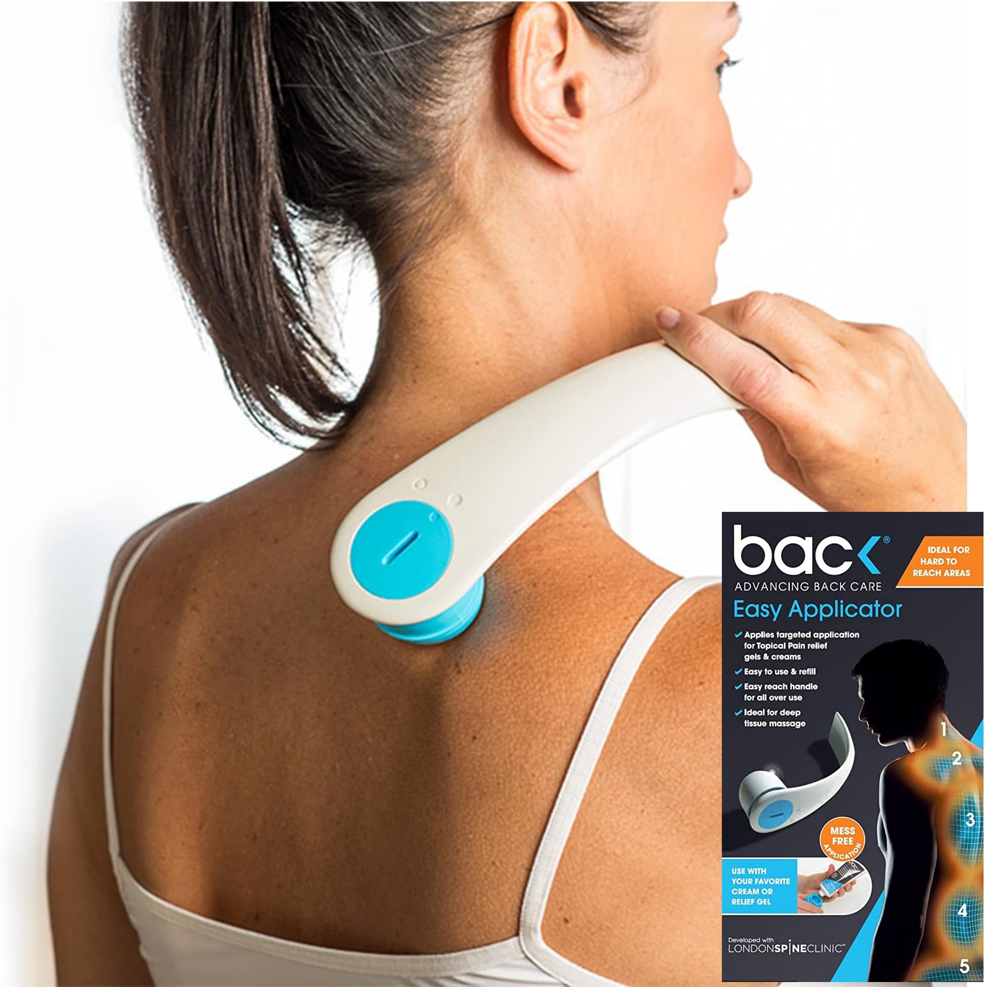 BACK Easy Applicator | Deep Tissue Massager and Application of Your Favorite Topical Gel or Cream to Hard to Reach Areas
