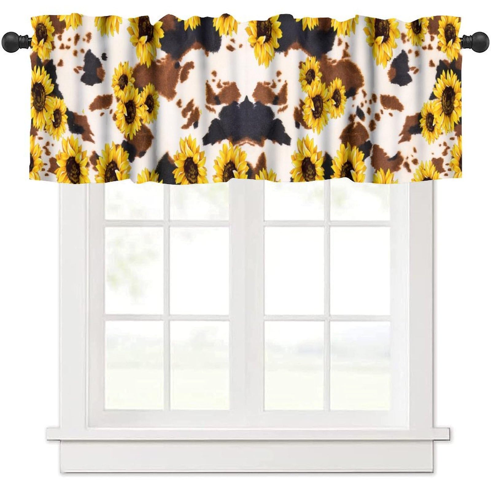 moderw Cow Skin Print Valance Curtains, Vintage Sunflower Cottage Country Farm Animal Fur Skin Western Style Brown Cowhide Print Window Curtain Valance for Kitchen Living Room 54x18inch
