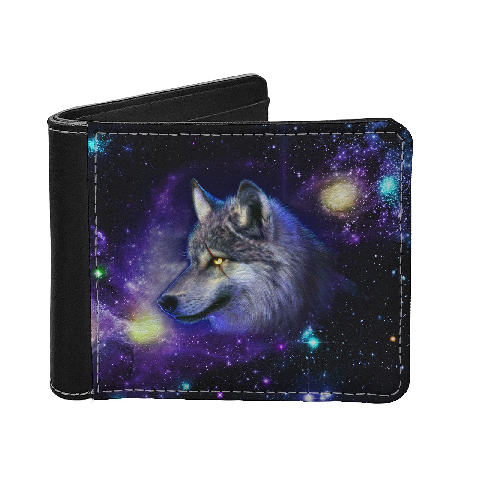 ZFRXIGNGalaxy Wolf Mens Wallet Biflod Clutch Bag for Kids Boys Card Holder Case Purse Money Bags PU Leather Purple