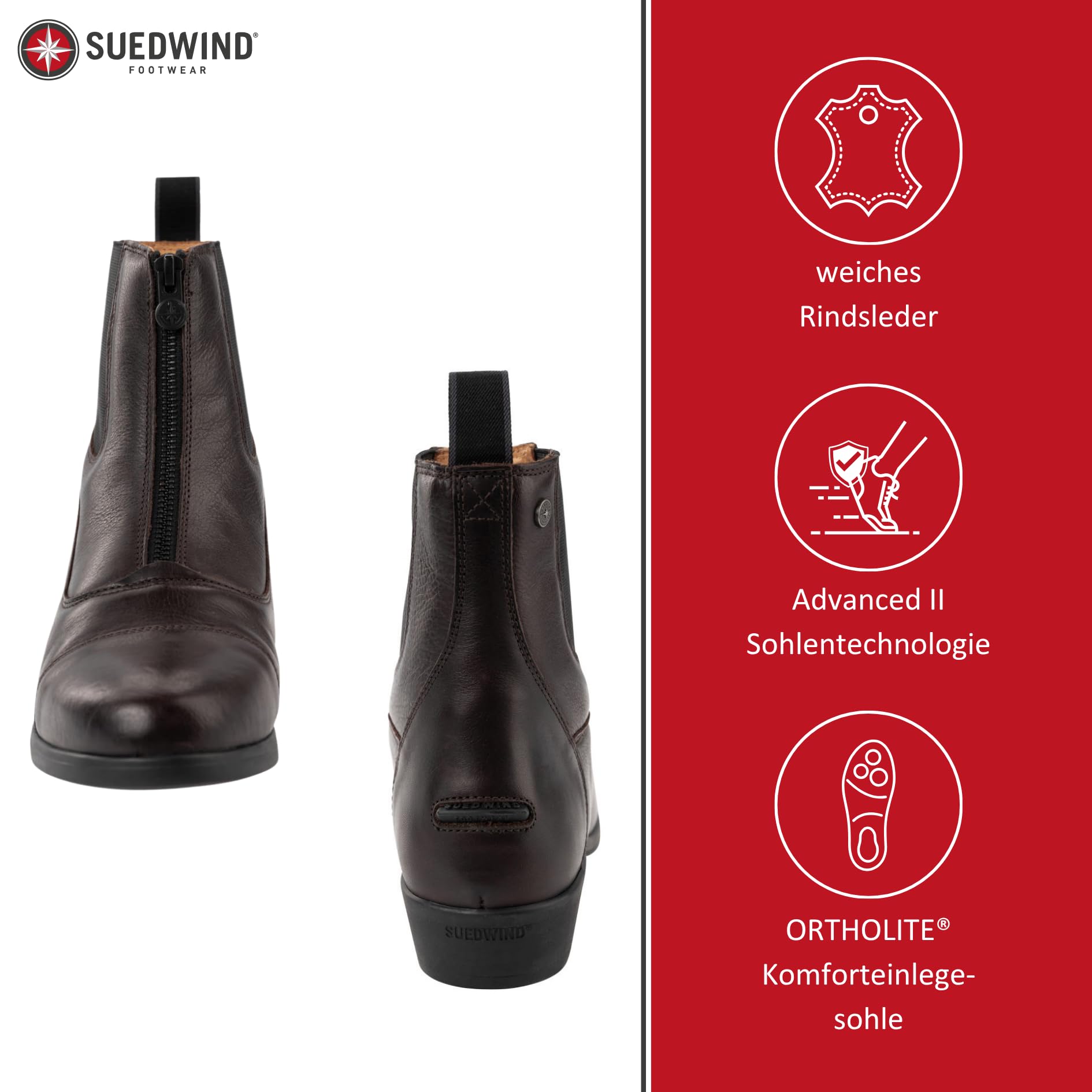 SUEDWIND FOOTWEAR Reitstiefeletten Advanced II FZ Soft – Damen Jodhpur-Stiefeletten – Leder Chelsea Boots – Reißverschluss vorn & komfortable OrthoLite-Sohle – schwarz o. braun – Gr. 36-46