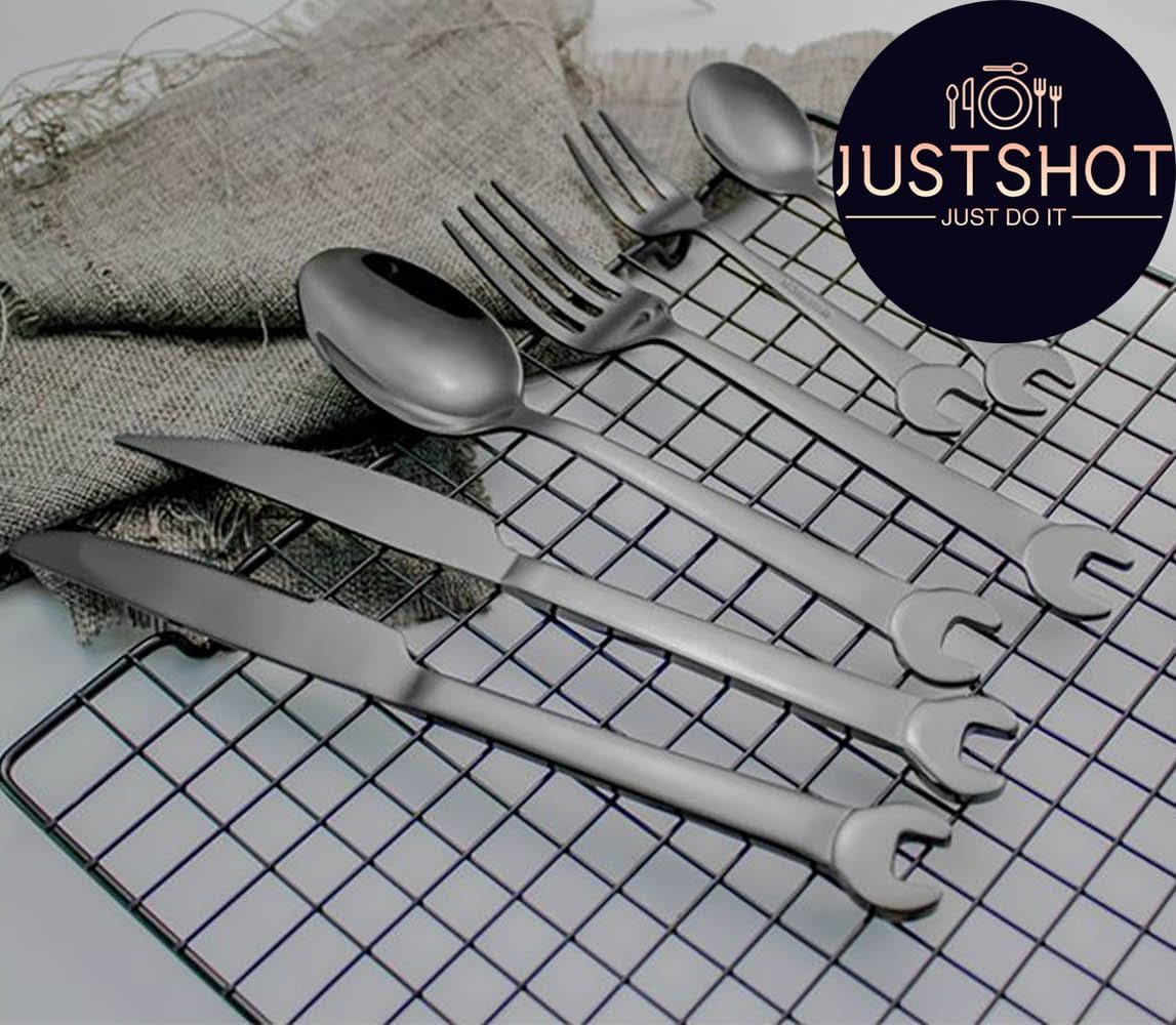JUSTSHOT 50-Piece Black Flatware Set for 10,Unique 1810 Stainless Steel Creative Wrench Handle Silverware Set,Black Forks and Spoons Novelty Cutlery Set,Mirror Polished,Dishwasher Safe