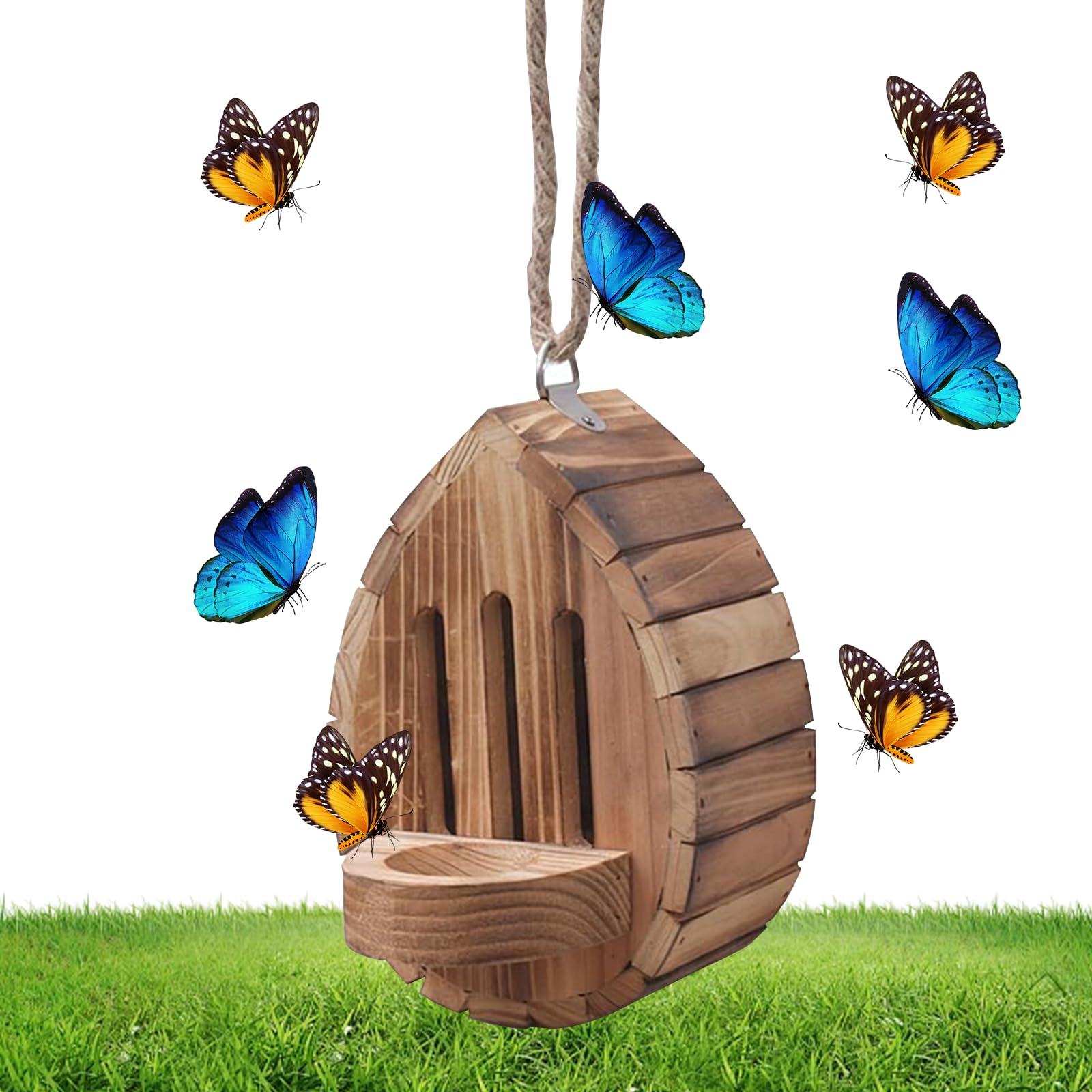Teardrop-Shaped Wooden Butterfly House with Feeder, Hanging Weatherproof Outdoor Shelter Habitat for Garden, Yard, Patio – Natural Pollinator Insect Decorative Ornament with Rope，1pc