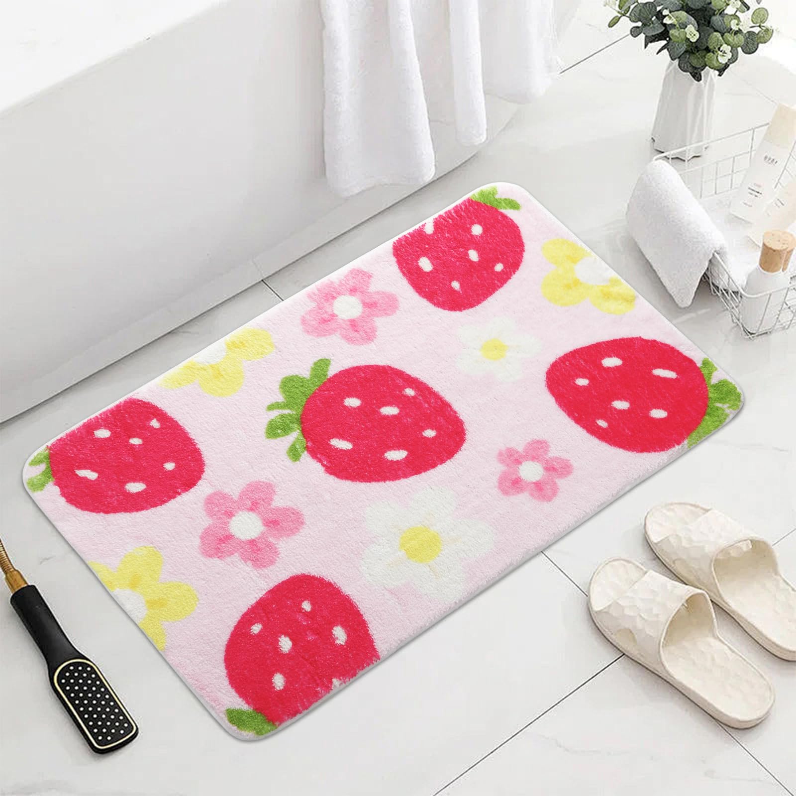 FEBSNOW Pink Bathroom Rugs, Cute Strawberry Flower Bath Mat Bathroom Accessories, Funny Colorful Non Slip Floor Bath Rug Machine Washable Absorbent