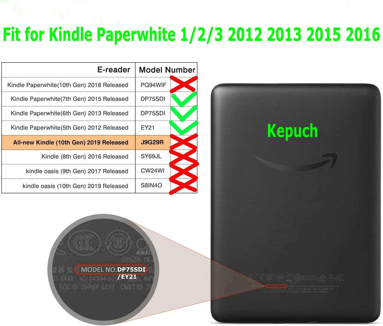 Kepuch Custer Case for Kindle Paperwhite 1/2/3 2012 2013 2015 2016,Ultra-Thin PU-Leather Hard Shell Cover for Kindle Paperwhite 1/2/3 2012 2013 2015 2016 - Black