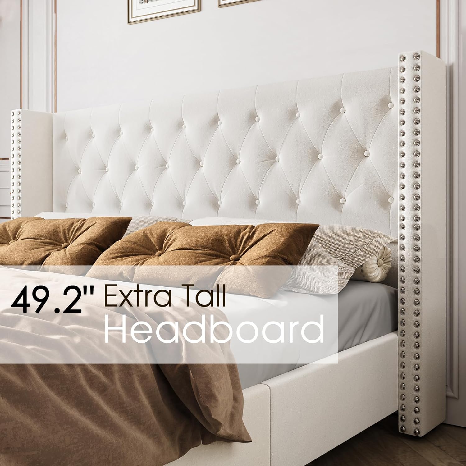 PaPaJet Upholstered King Bed Frame with Tall Headboard, Wingback Platform Bed, Low Profile Velvet Tufted Button, No Box Spring Needed, Easy Assembly, Cream