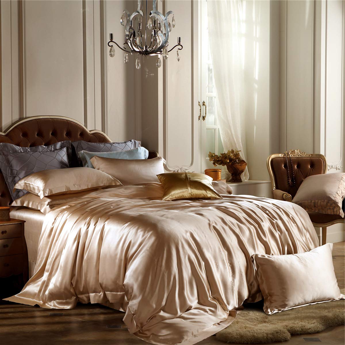 Orose Silk Bed Sheets Set 25 Momme Heavy Thick Classic Style High-End Bedding for Sleep Bright Coffee Queen