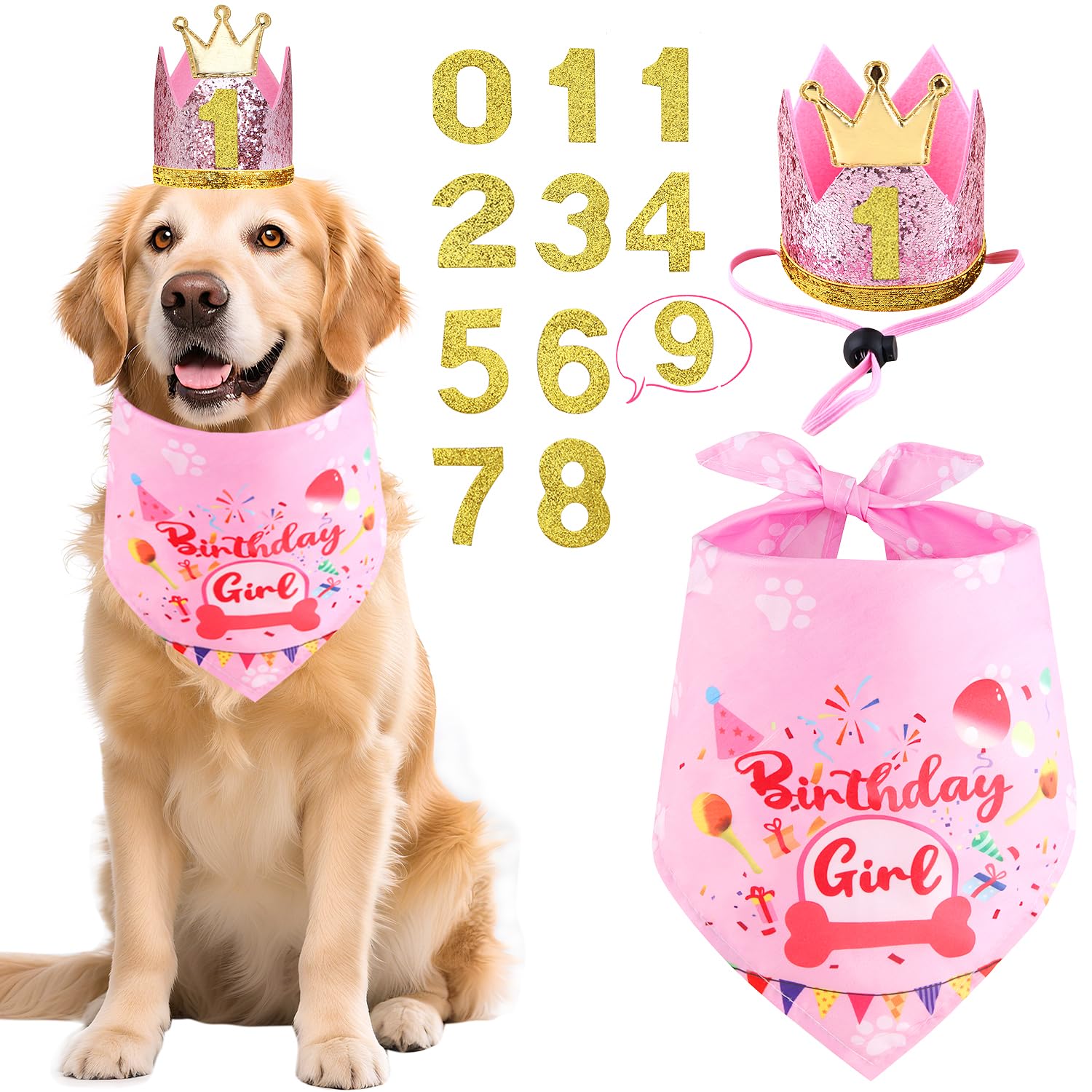 Rensh Dog Birthday Party Supplies Dog Birthday Bandana Hat with Numbers for X-Large Large Small Pets Multi Size